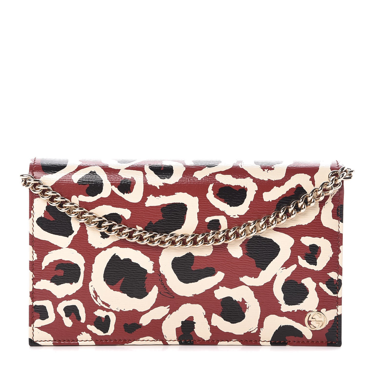Gucci Patent Leopard Print Betty Chain Wallet Brick Red Black 1 of 9