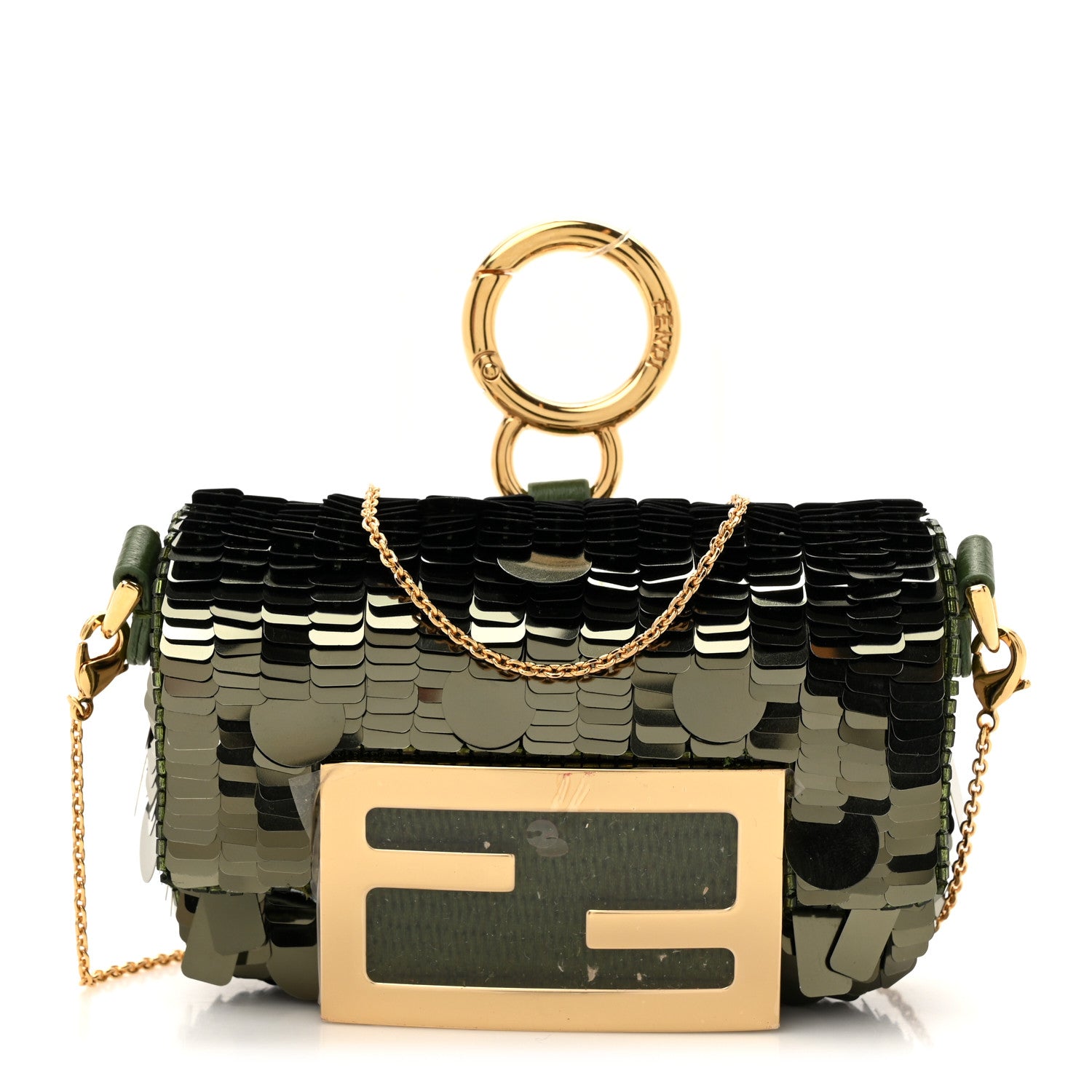 Fendi Sequin Paillettes Shiny Nappa Sex and the City Nano Maxi Buckle Baguette Charm Avocado 1 of 10
