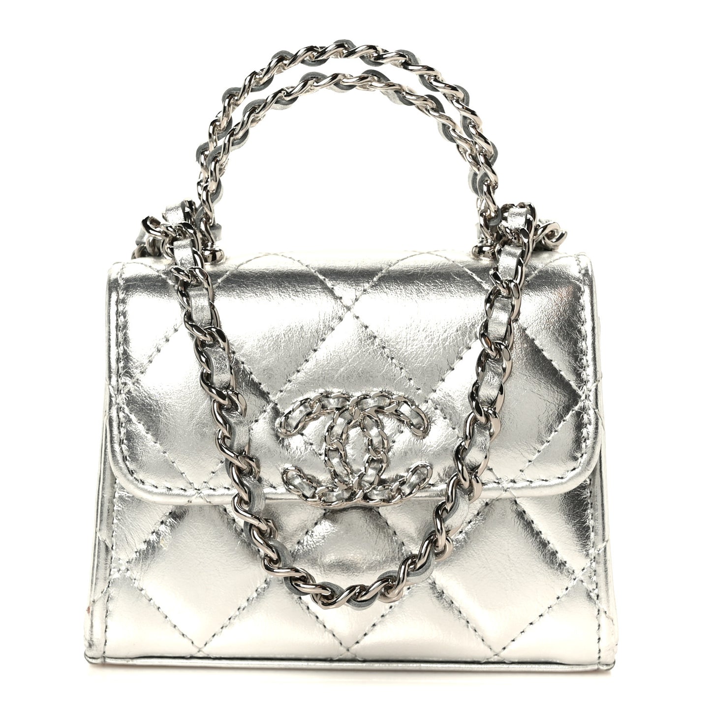 Metallic Lambskin Quilted Mini Chain CC Top Handle Clutch With Chain Silver