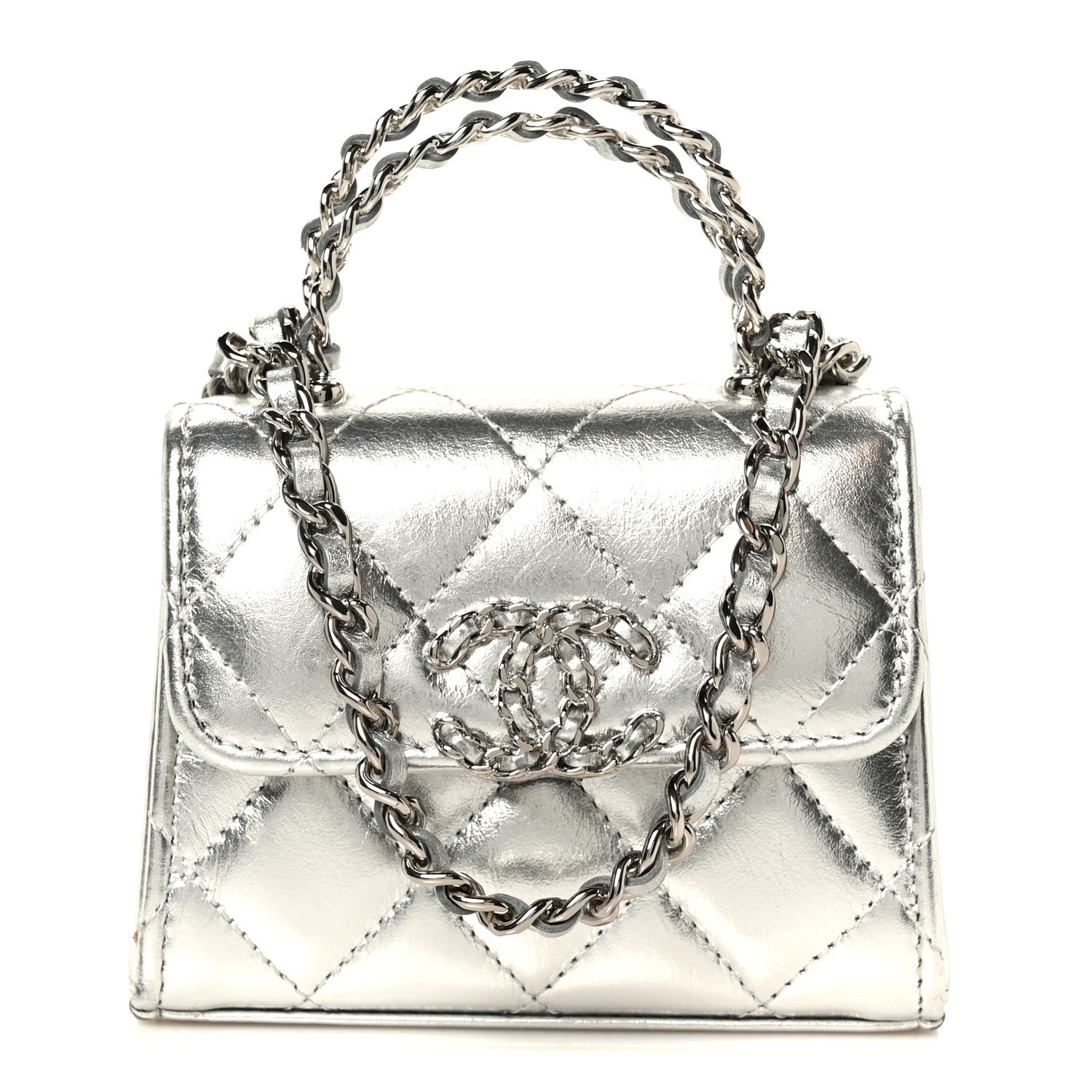Chanel Metallic Lambskin Quilted Mini Chain CC Top Handle Clutch With Chain Silver 1 of 10