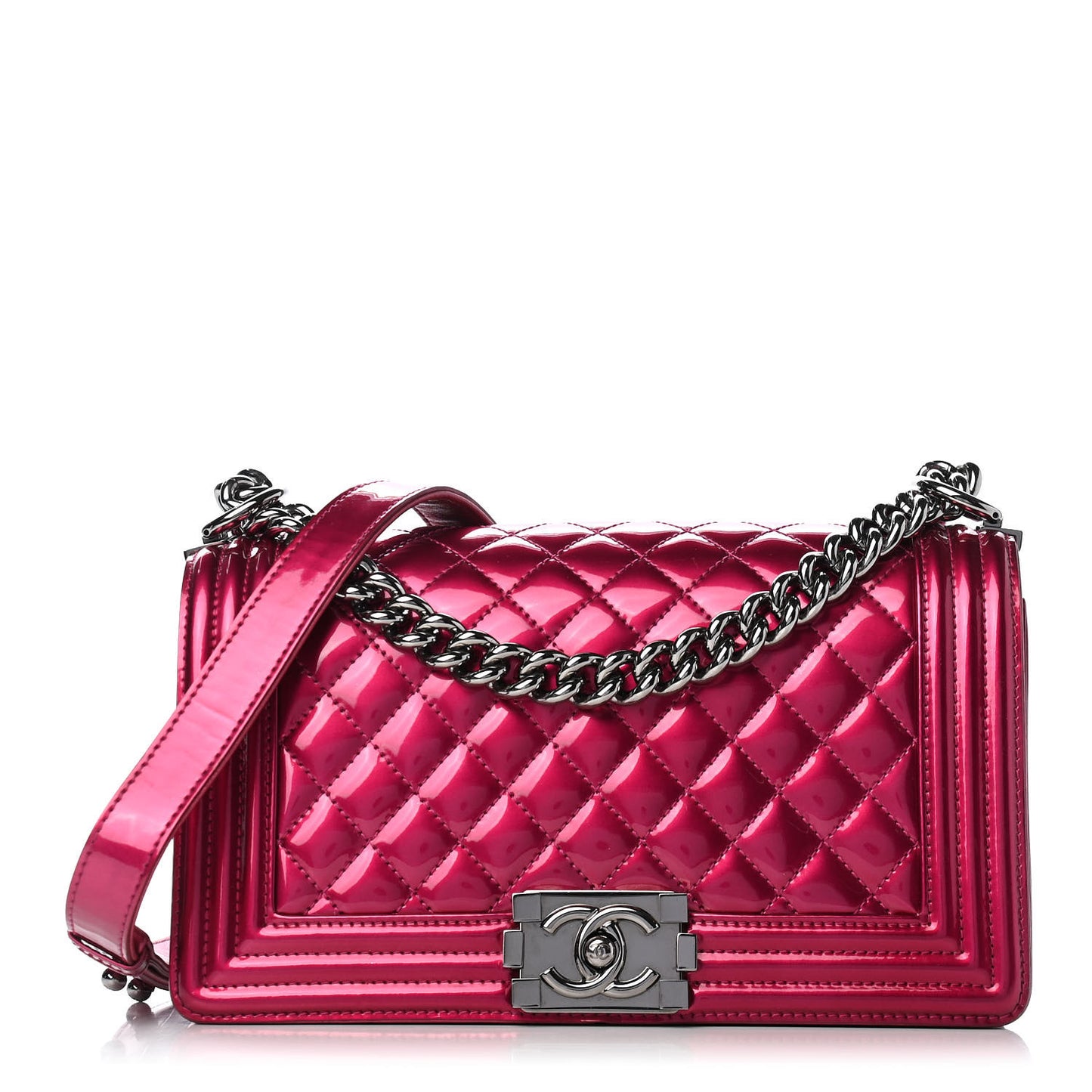 Metallic Patent Calfskin Quilted Medium Boy Flap Pink