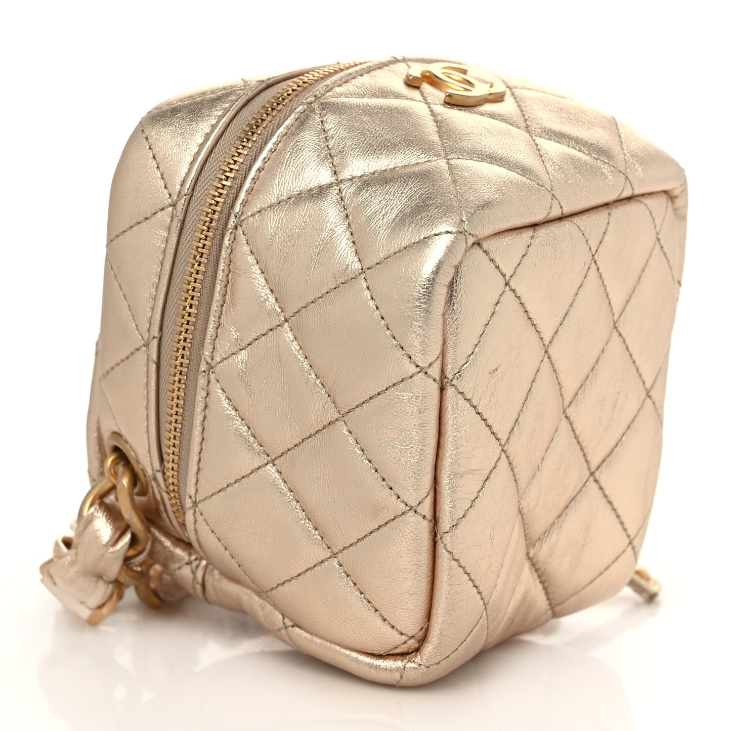 Metallic Lambskin Quilted Cube Chain Wristlet Case Gold