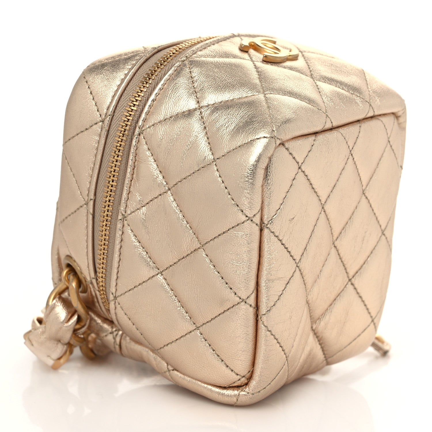 Chanel Metallic Lambskin Quilted Cube Chain Wristlet Case Gold 3 of 8