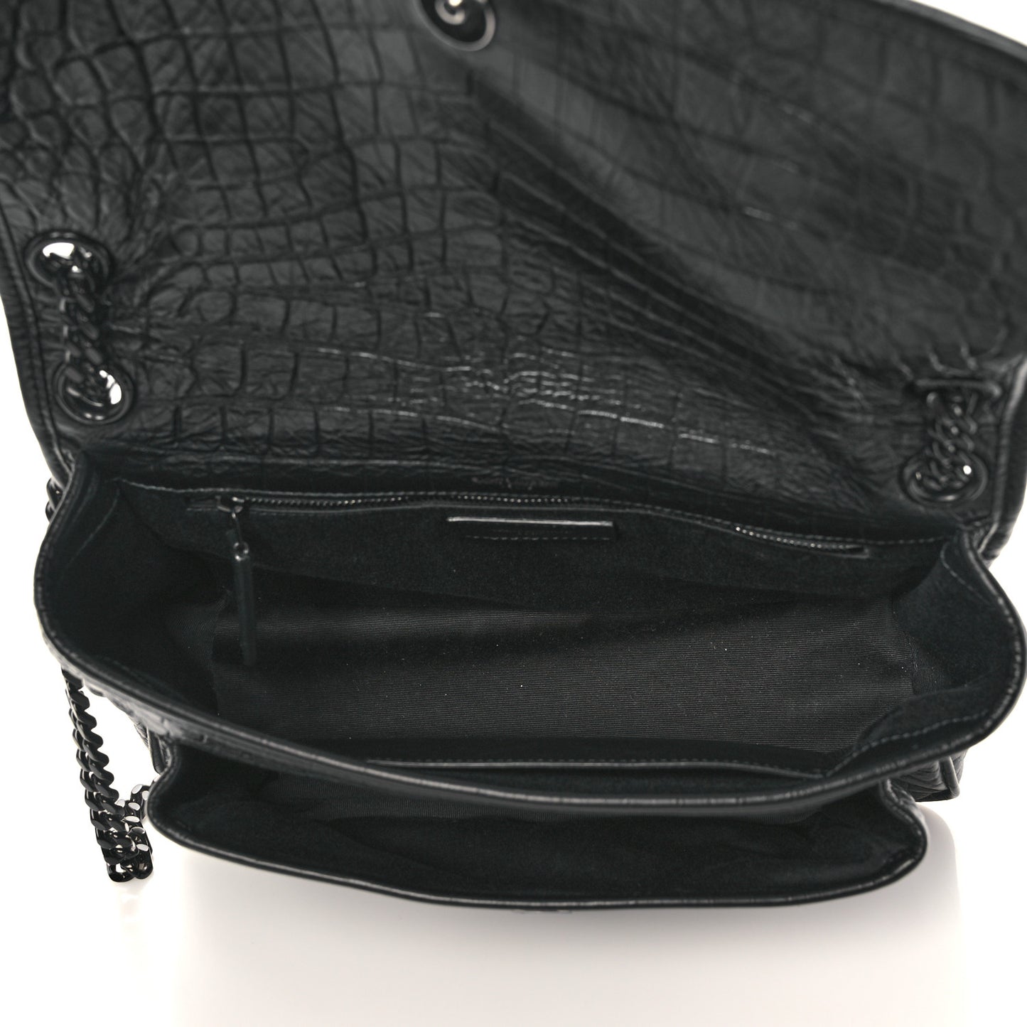 Crocodile Embossed Lambskin Monogram Medium Niki Chain Satchel Black