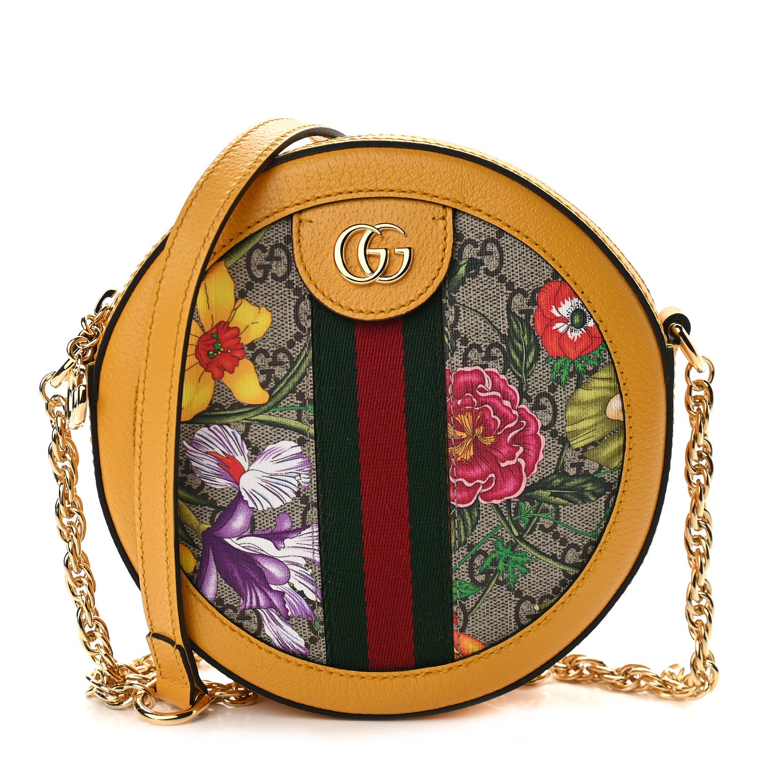 Gucci GG Supreme Monogram Flora Web Mini Ophidia Round Shoulder Bag Beige Multicolor Crop 1 of 9