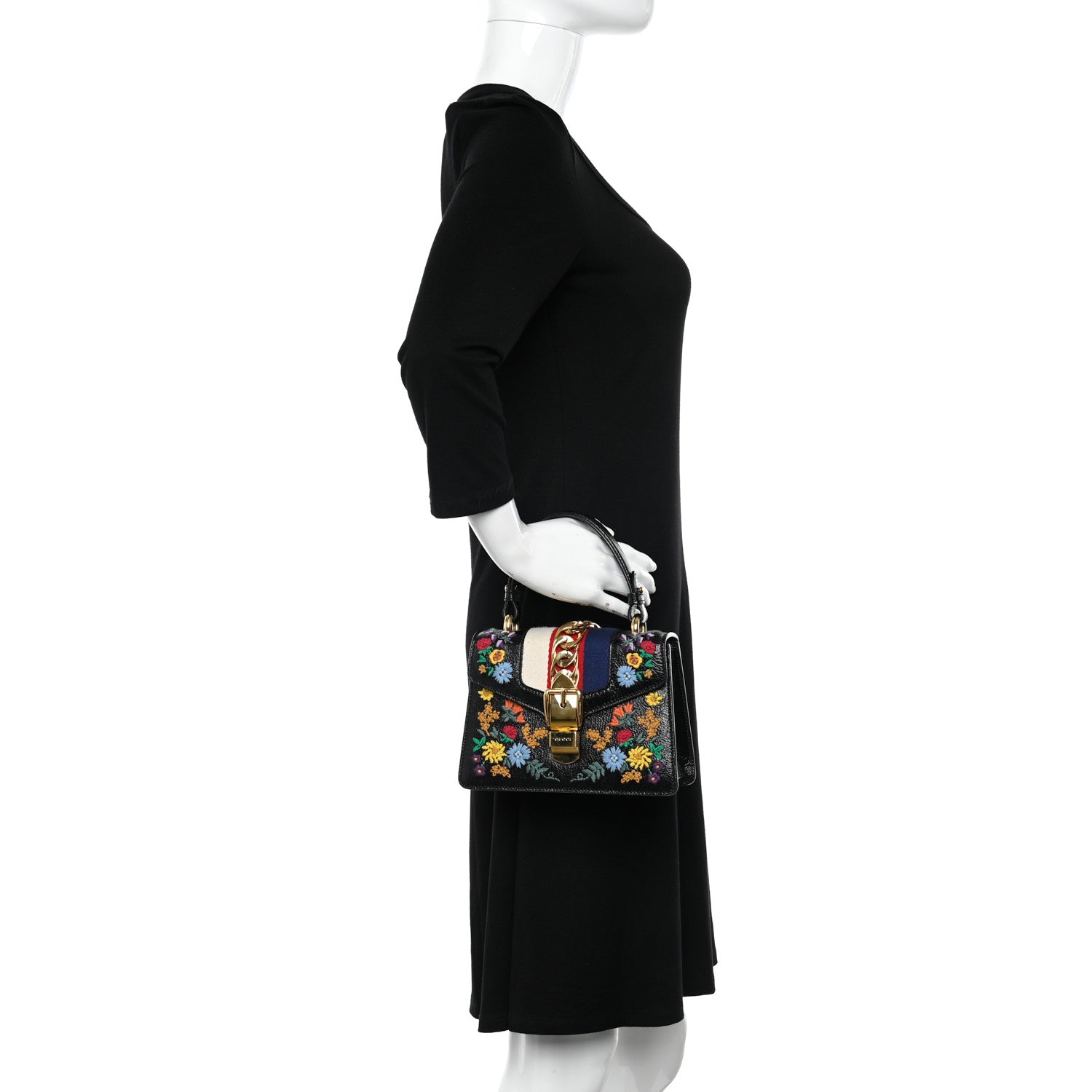Gucci Patent Embroidered Mini Sylvie Top Handle Bag Black 2 of 11