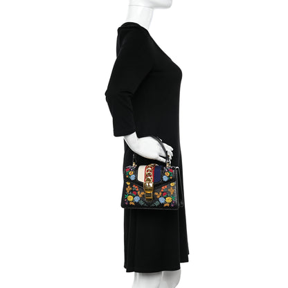 Gucci Patent Embroidered Mini Sylvie Top Handle Bag Black 2 of 11