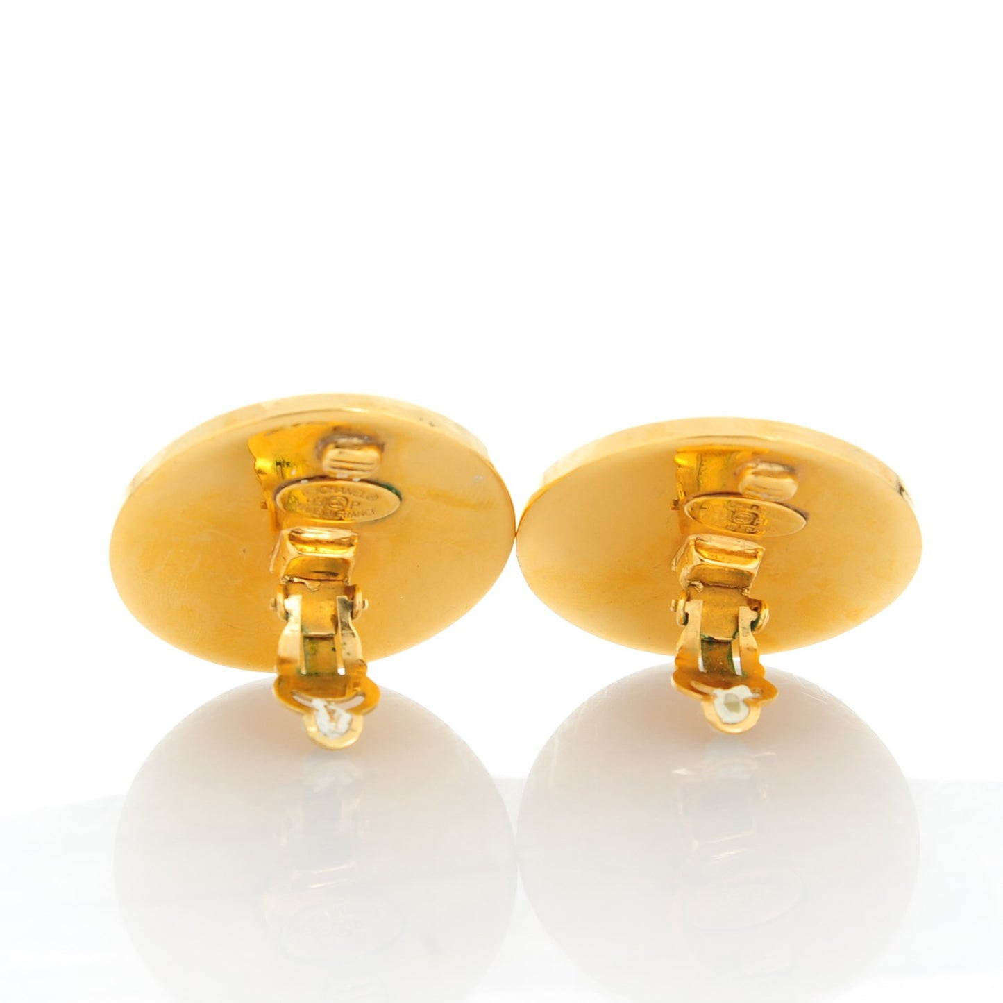 Enamel Logo Clip On Disc Earrings Black Gold