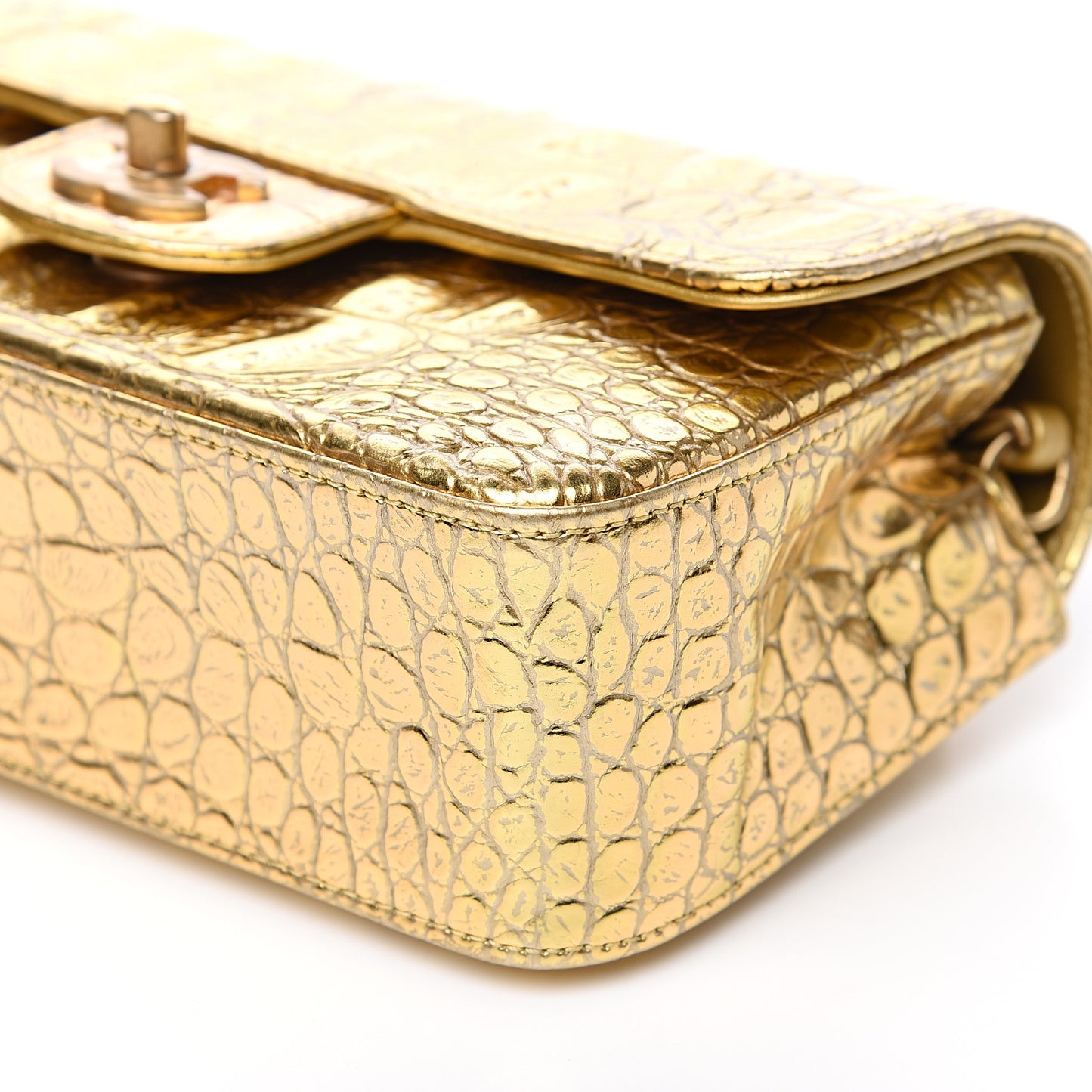 Metallic Calfskin Crocodile Embossed Rectangular Mini Flap Gold