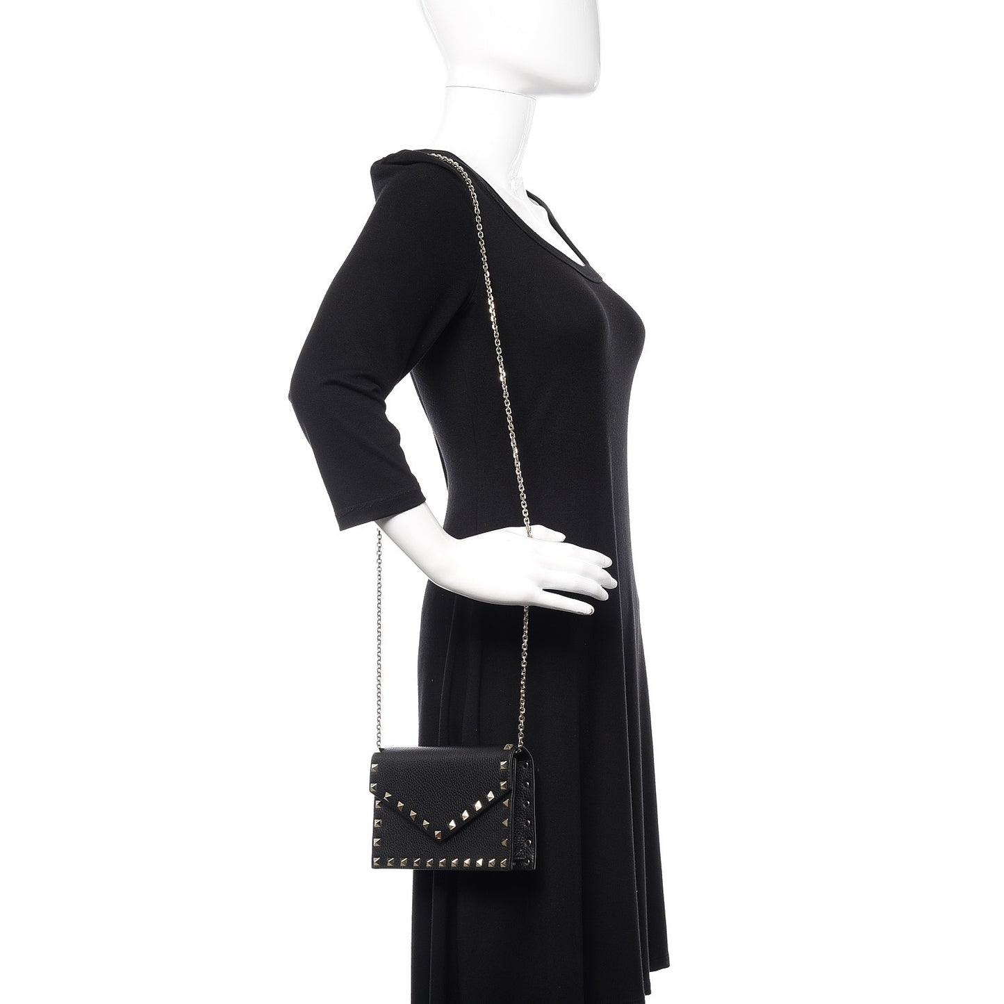 Pebbled Calfskin Rockstud Envelope Wallet on Chain Black