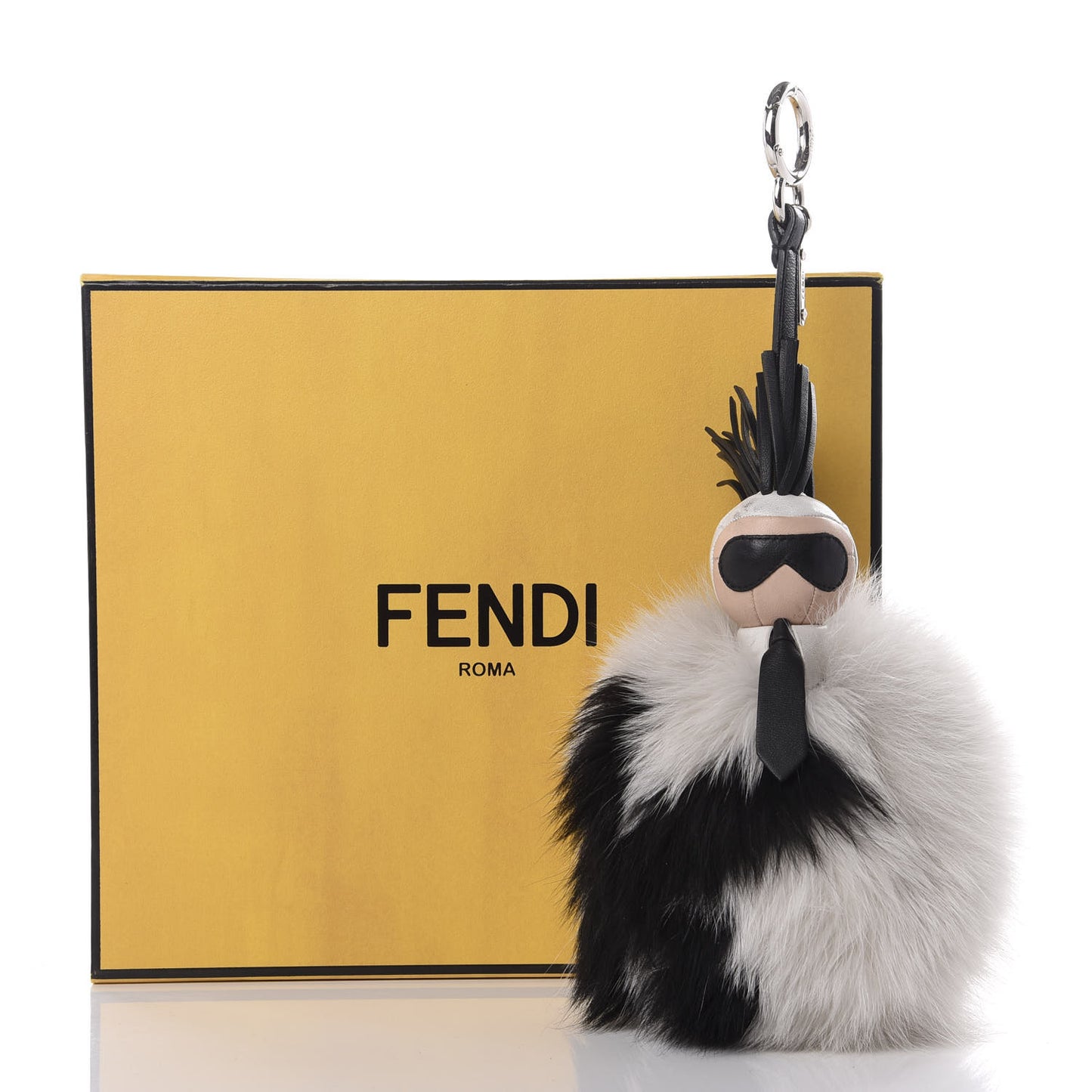 Lambskin Fox Fur Super Karlito Pom Pom Bag Charm Black White