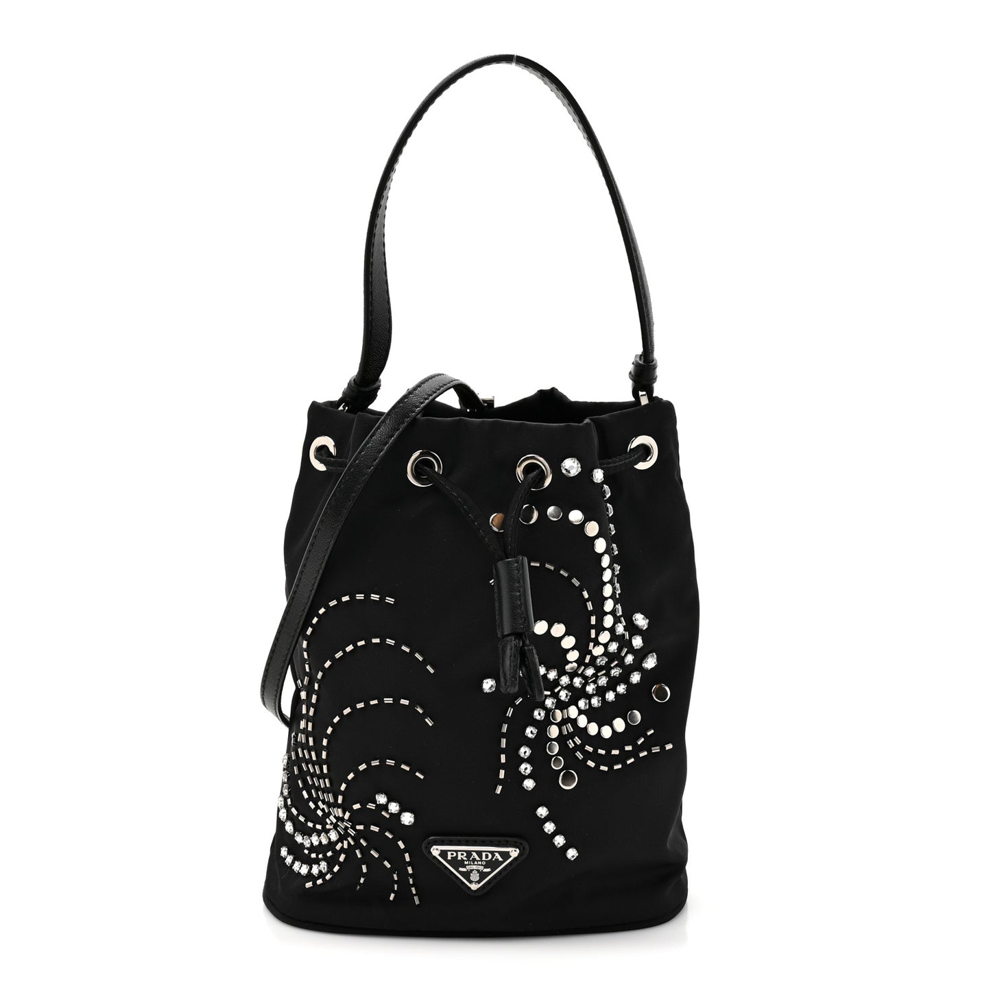 Tessuto Saffiano Ricamo Sequin Crystal Embellished Mini Re-Edition 1978 Bucket Bag Black