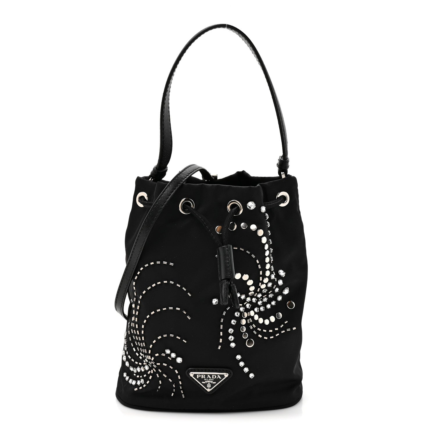 Prada Tessuto Saffiano Ricamo Sequin Crystal Embellished Mini Re-Edition 1978 Bucket Bag Black 1 of 9