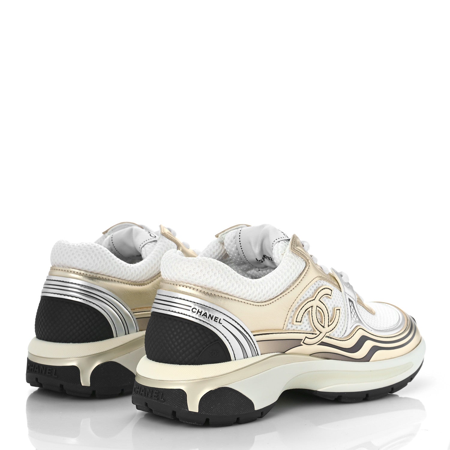 Chanel Fabric Laminated Calfskin CC Sneakers 37 White Gold Silver 3 of 10