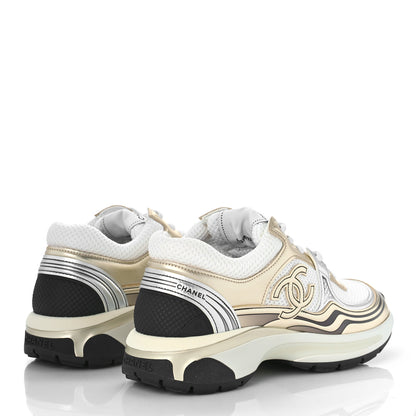 Chanel Fabric Laminated Calfskin CC Sneakers 37 White Gold Silver 3 of 10