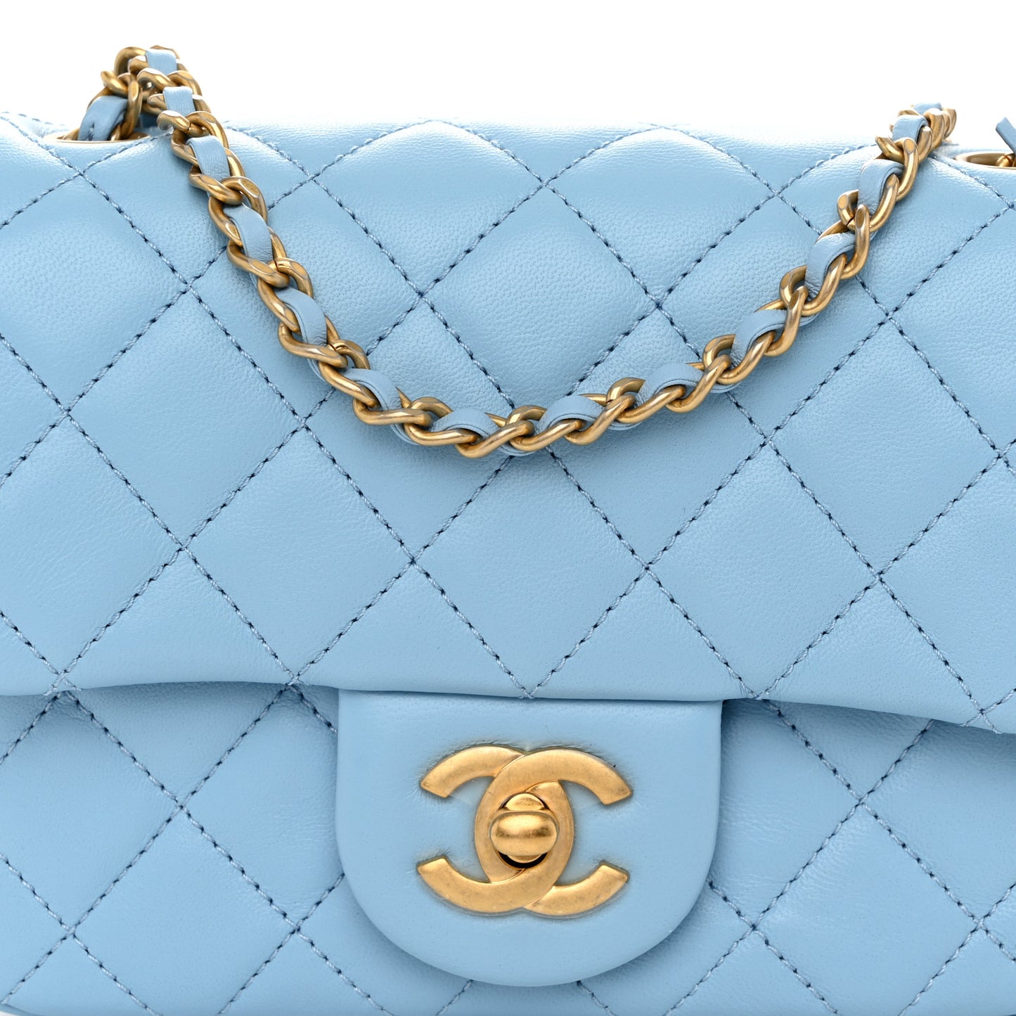 Lambskin Quilted Mini Pearl Crush Flap Light Blue