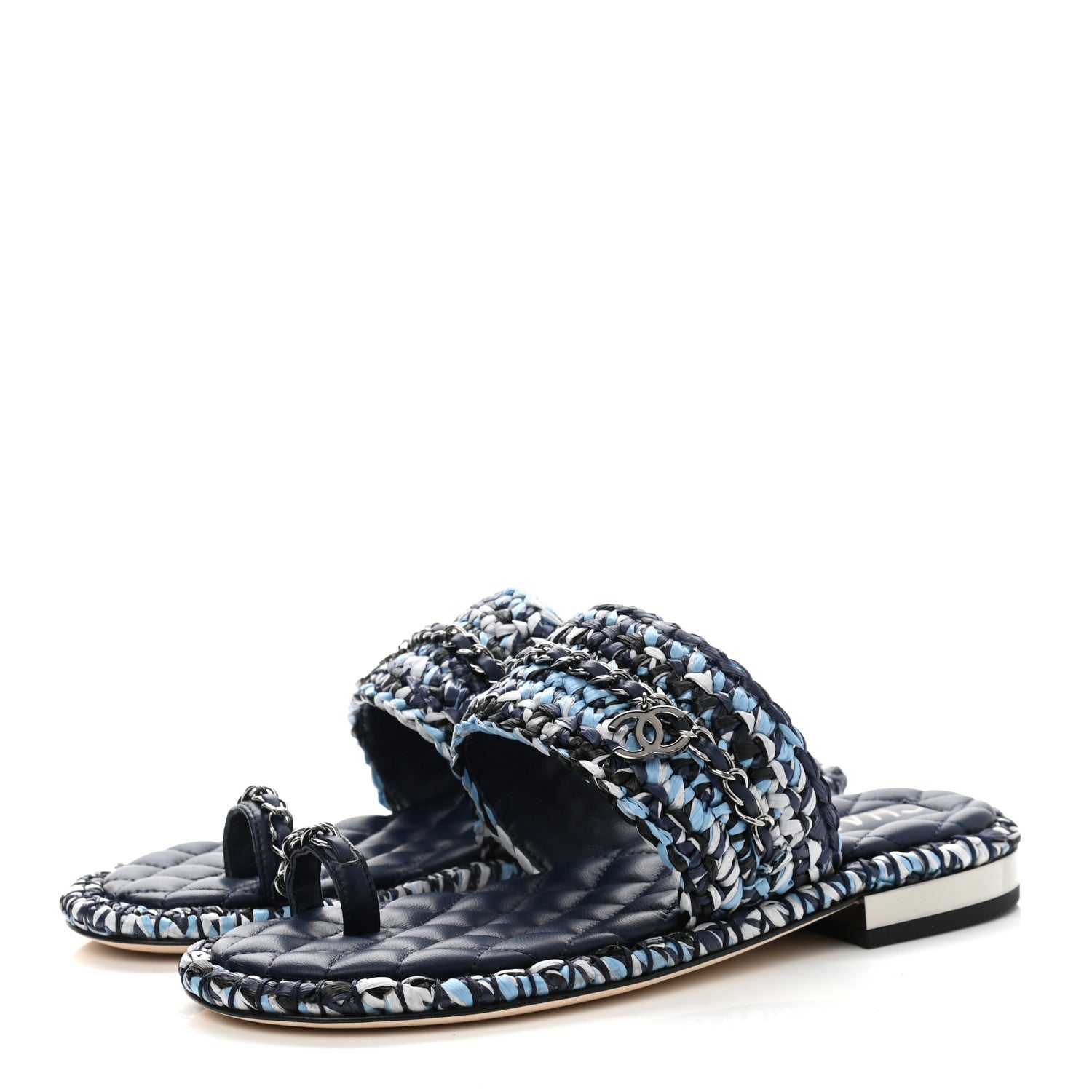 Chanel Lambskin Raffia Chain Flat Sandals 36 Blue Black 3 of 9