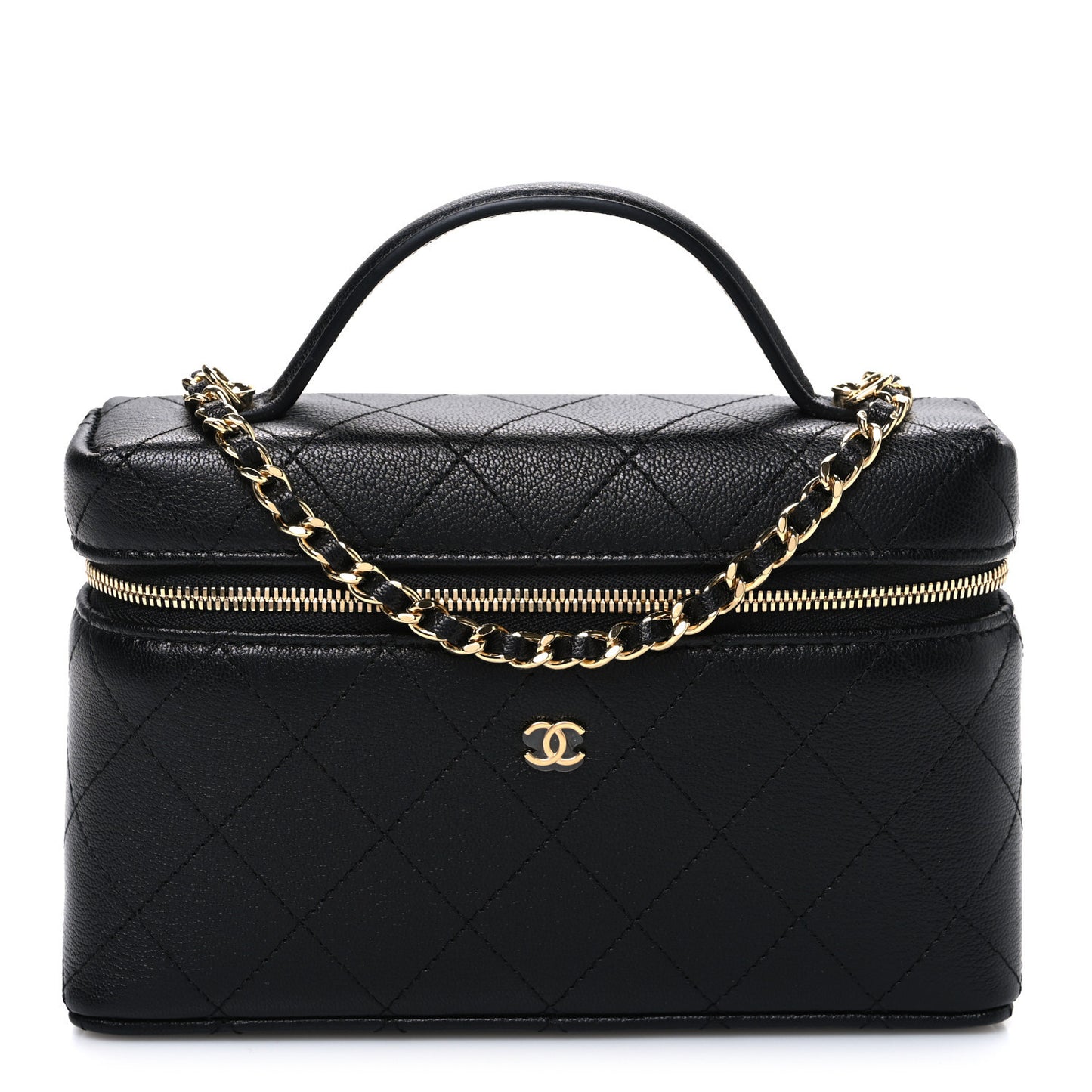 Goatskin Stitched Top Handle Slim Vanity With Chain Black