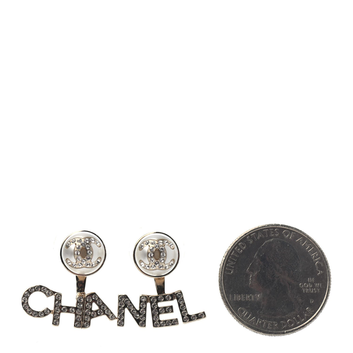 Chanel Pearl Crystal Logo Earrings Gold Pearly White 2 of 4