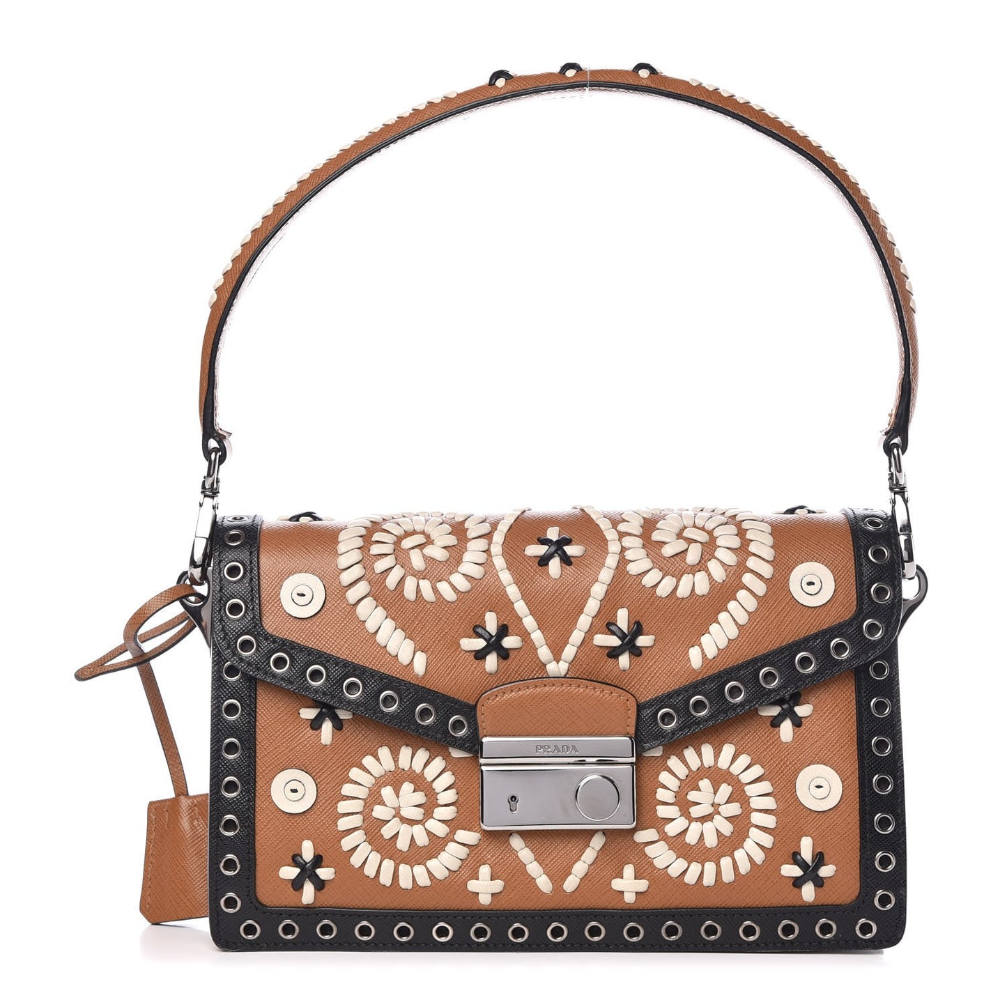 Saffiano Embroidered Pattina Sound Shoulder Bag Caramel