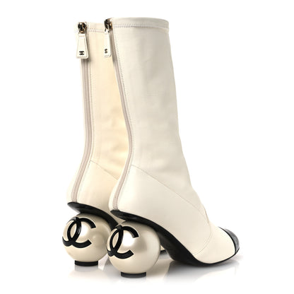 Chanel Stretch Lambskin Patent Cap Toe Pearl Ball Mid Calf Boots 39 White Black 5 of 12