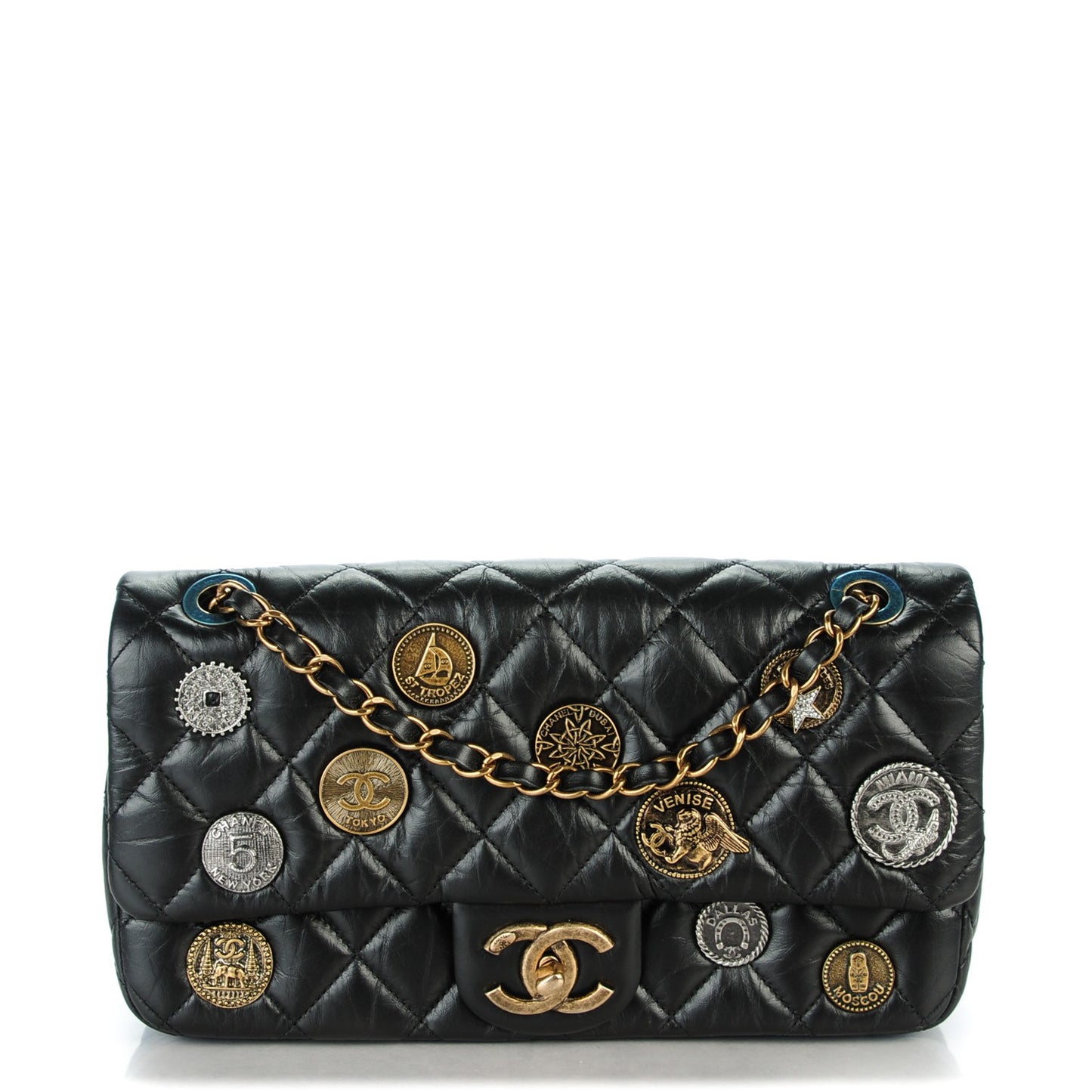 Aged Calfskin Quilted Medium Medallion Flap Black
