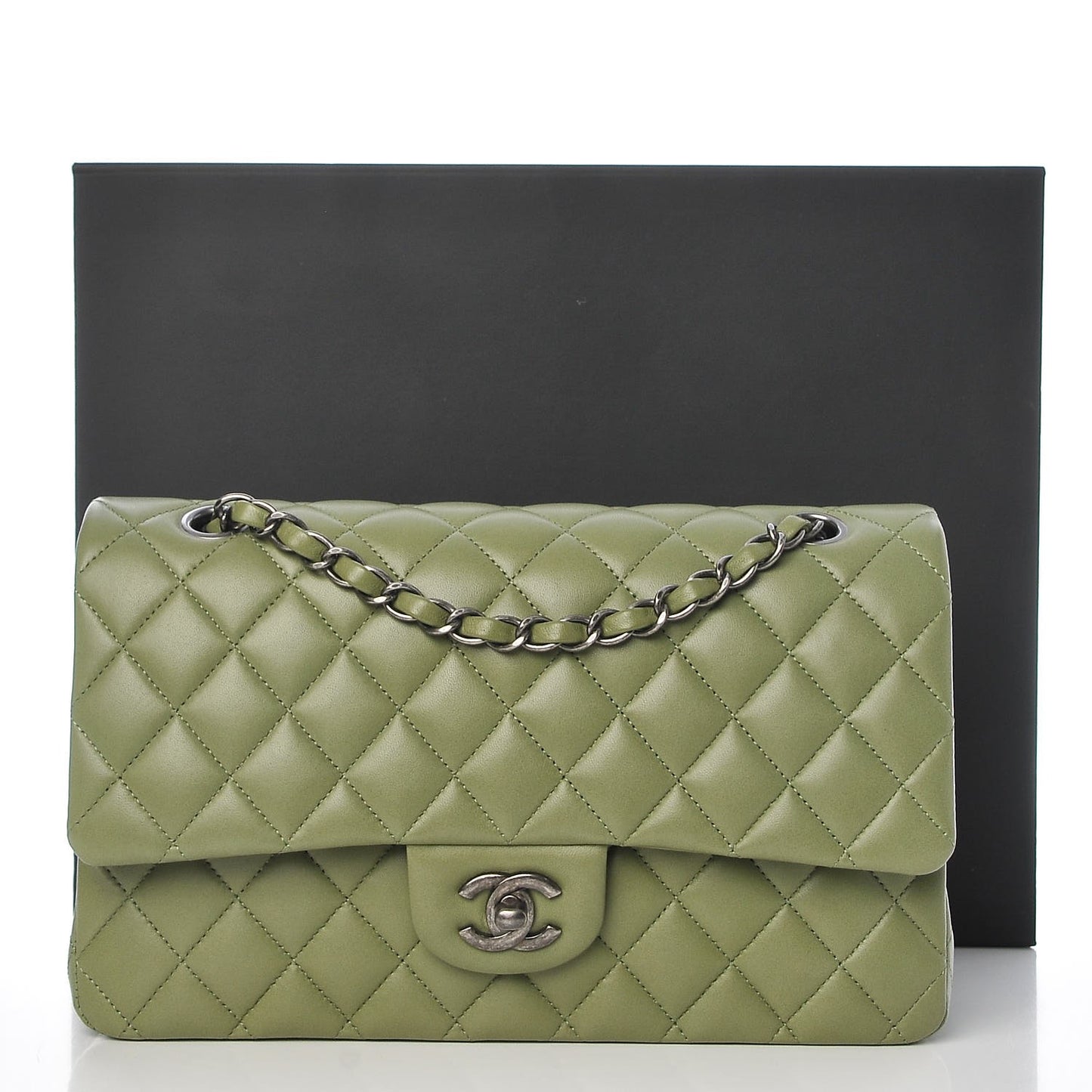 Lambskin Quilted Medium Double Flap Green