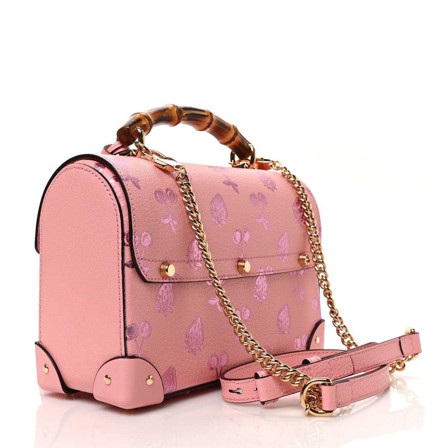 Textured Dollar Calfskin Berry Print Small Padlock Bamboo Shoulder Bag Pink Purple
