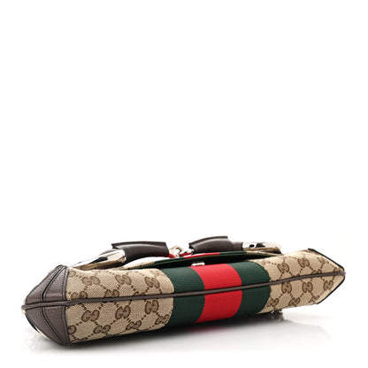 Gucci Monogram Textured Dollar Calfskin Heavy Grosgrain Web Medium Maxi Horsebit Chain Shoulder Bag Beige Ebony New Acero 4 of 11