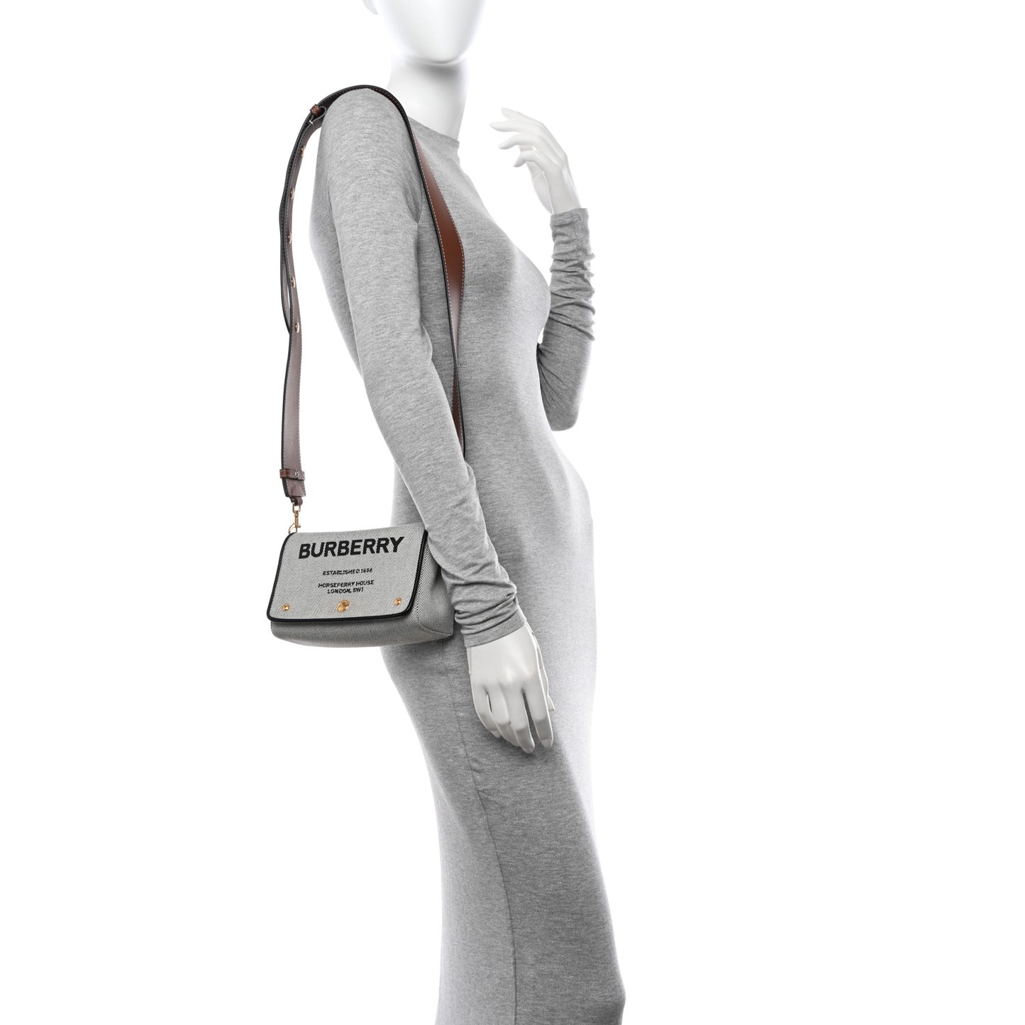 Cotton Canvas Horseferry Print Small Crossbody Bag Grey Tan