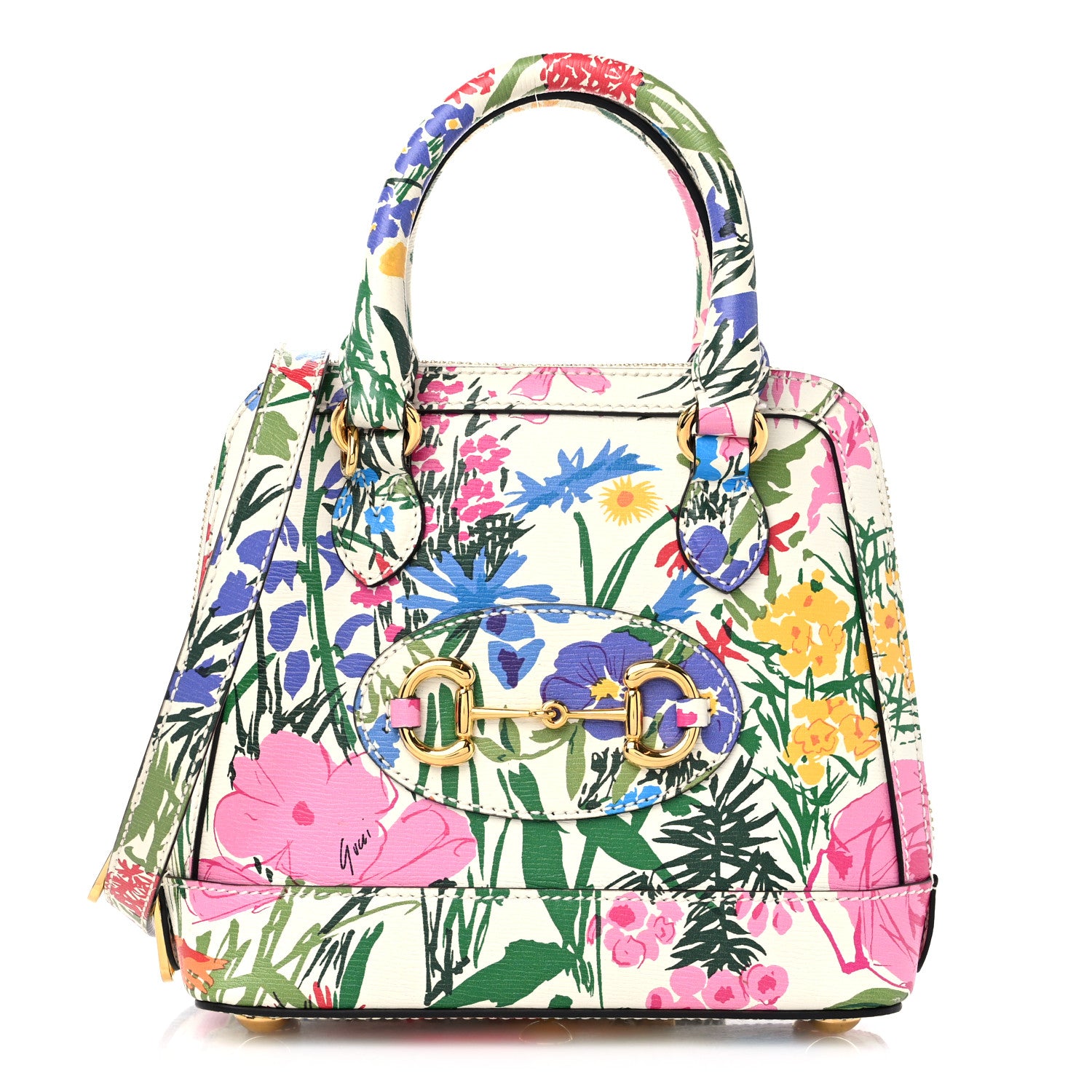 Gucci X KEN SCOTT New Shangai Calfskin Jardin D'Avril Floral Print Mini Horsebit 1955 Top Handle Bag Ivory Pink Wild Rose 1 of 10