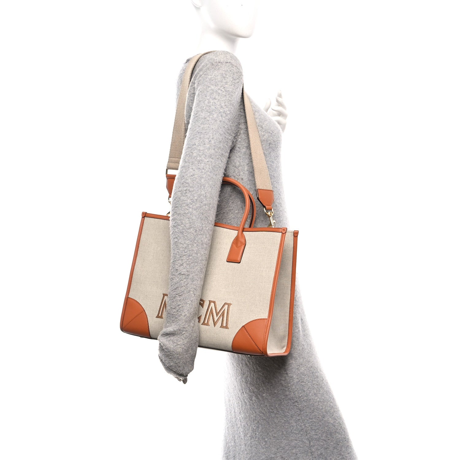 MCM Calfskin Linen Large Munchen Tote Cognac 2 of 12
