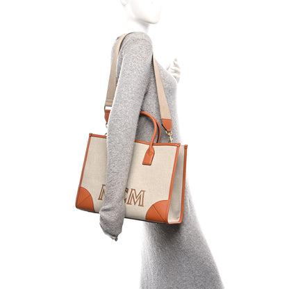MCM Calfskin Linen Large Munchen Tote Cognac 2 of 12