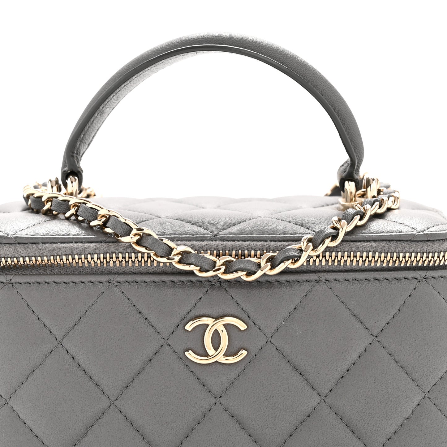 Lambskin Quilted Small Top Handle Vanity Case With Chain Dark Grey
