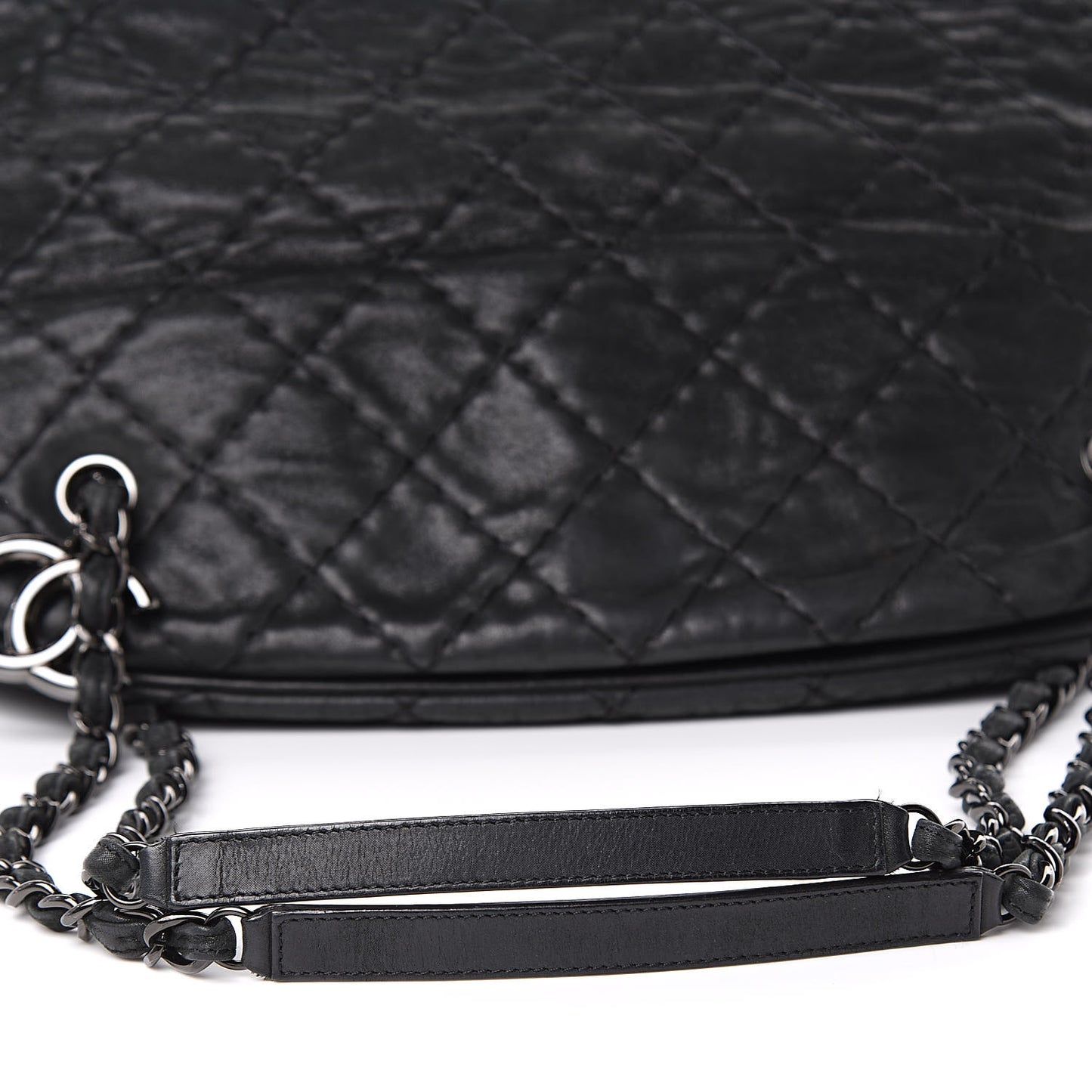 Iridescent Calfskin Stitched Extra Large Just Mademoiselle Bowling Bag Black