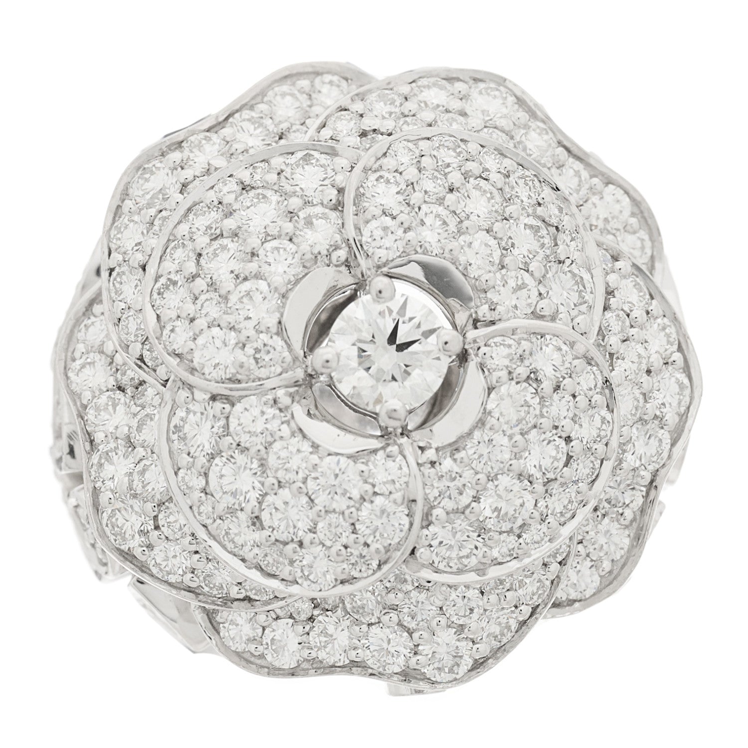 Chanel 18K White Gold Diamond 3.50ct Bouton de Camelia Ring 52 6 1 of 10
