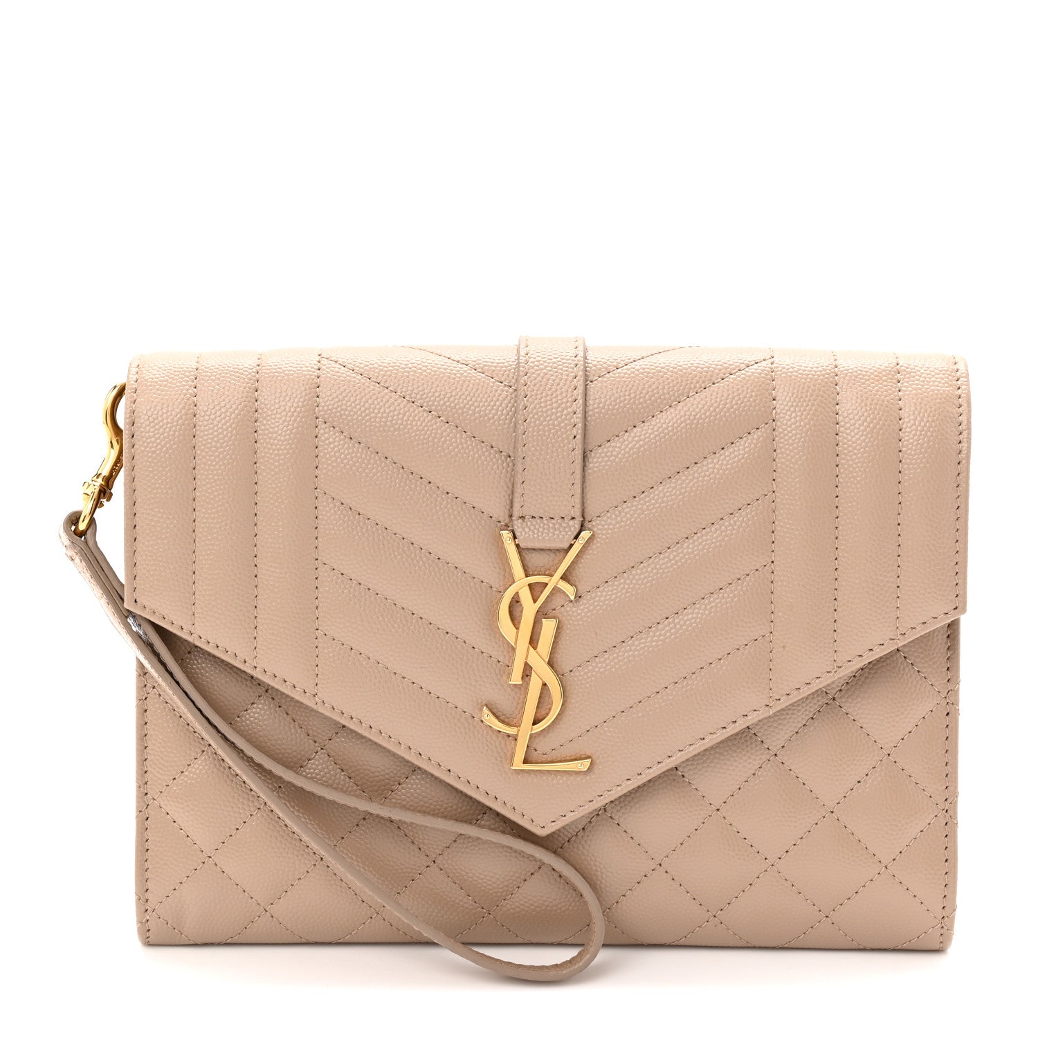 Saint Laurent Grain De Poudre Textured Mixed Matelasse Triquilt Monogram Clutch Dark Beige 1 of 8