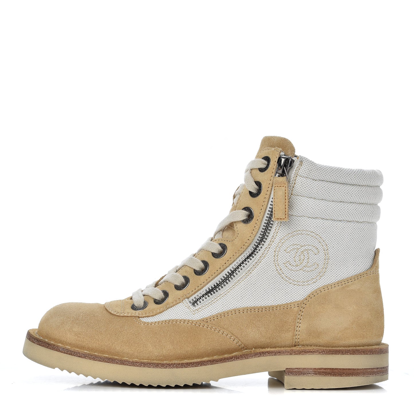 Toile Suede Calfskin CC Lace Up Short Boots 36 Light Beige