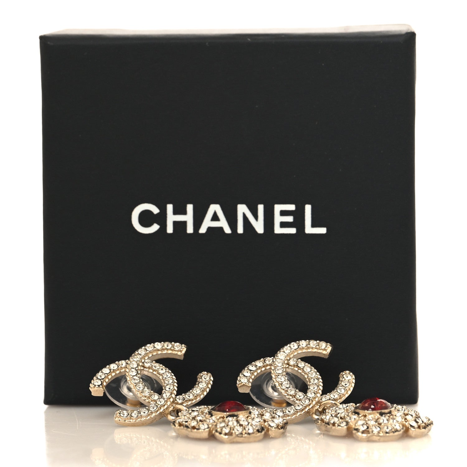 Chanel Crystal Camellia CC Drop Earrings Gold Red 5 of 5