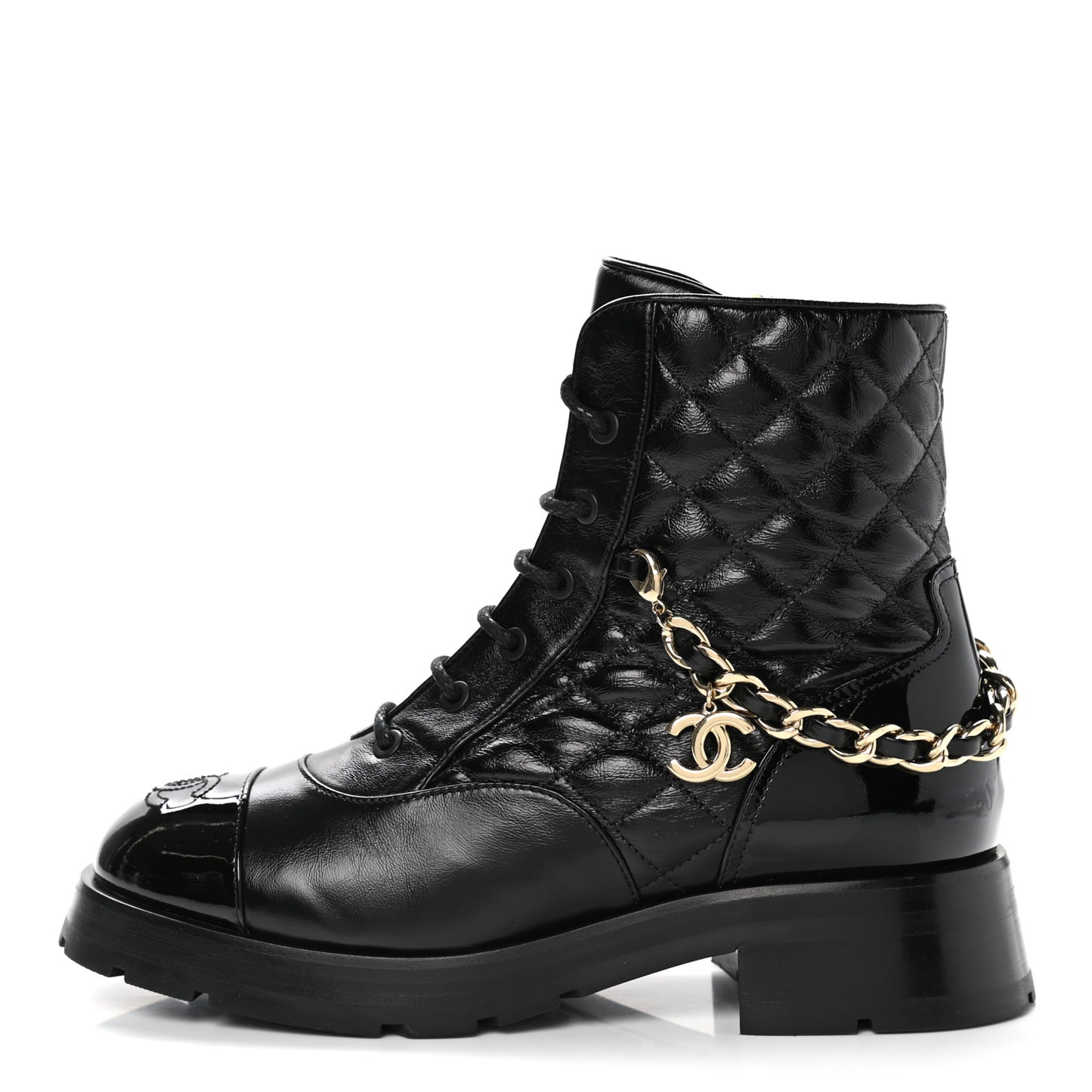 Shiny Calfskin Patent Quilted Chain Lace Up Combat Boots 38.5 Black