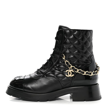 Chanel Shiny Calfskin Patent Quilted Chain Lace Up Combat Boots 38.5 Black 1 of 9