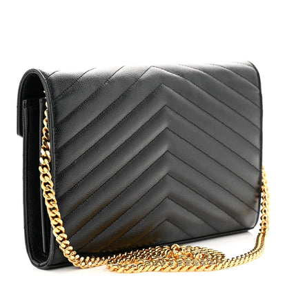 Saint Laurent Grain De Poudre Matelasse Chevron Monogram Chain Wallet Black 3 of 13