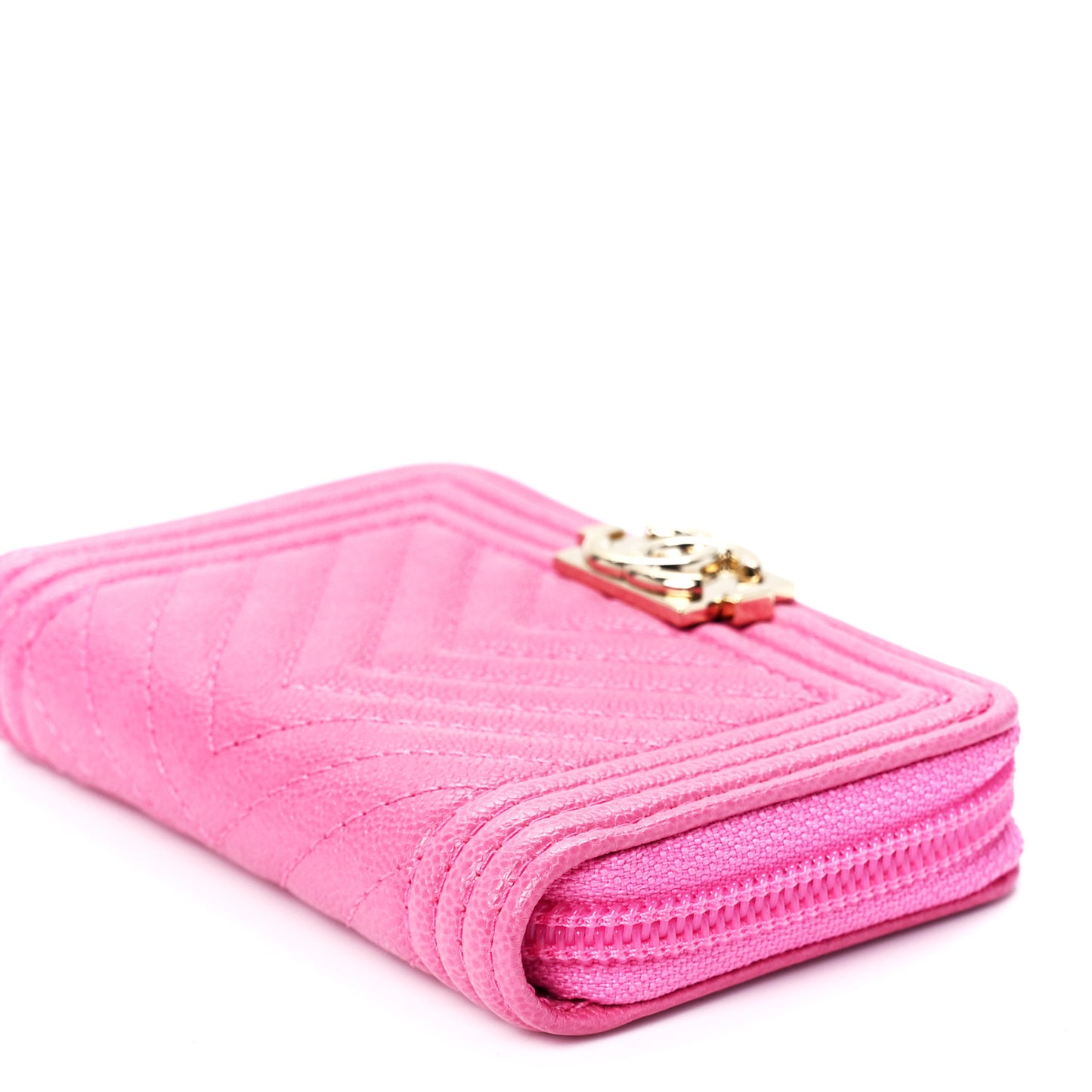 Caviar Chevron Quilted Boy Zip Around Coin Purse Wallet Pink