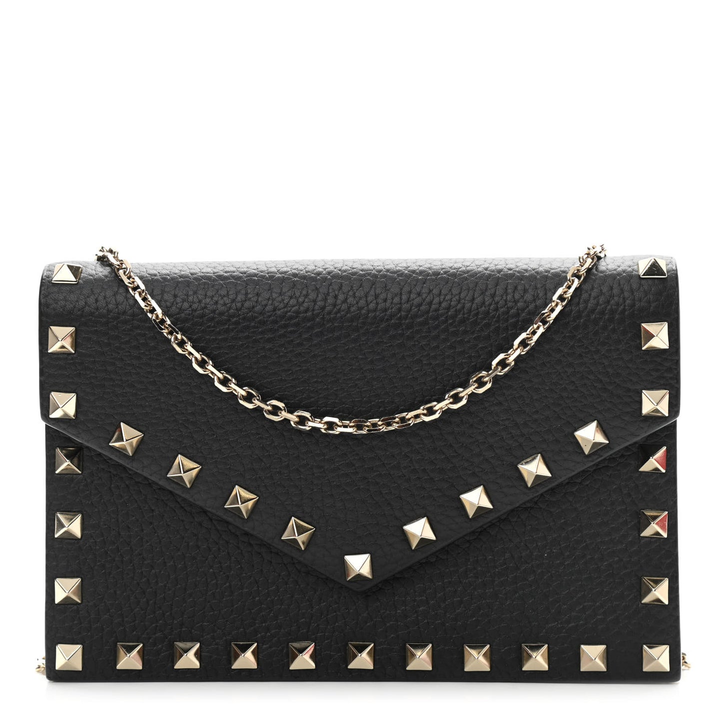 Pebbled Calfskin Rockstud Envelope Wallet on Chain Black