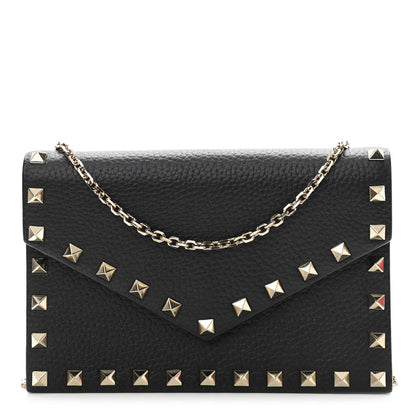 Valentino Garavani Pebbled Calfskin Rockstud Envelope Wallet on Chain Black 1 of 12