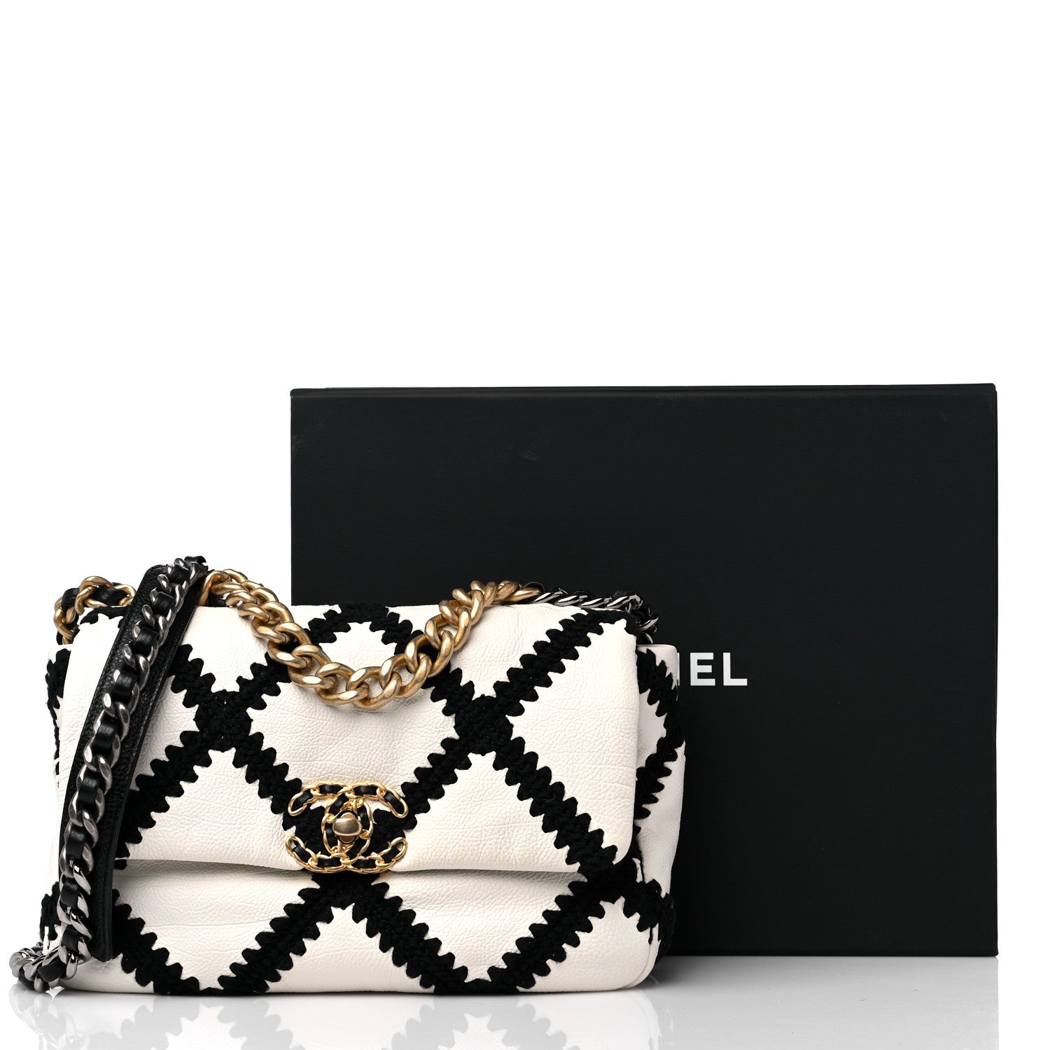 Chanel Calfskin Crochet Medium Chanel 19 Flap White Black 10 of 10