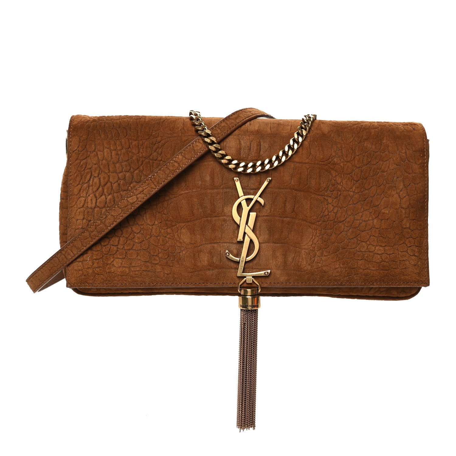 Saint Laurent Crocodile Embossed Suede Monogram Tassel Kate 99 Tan 1 of 12