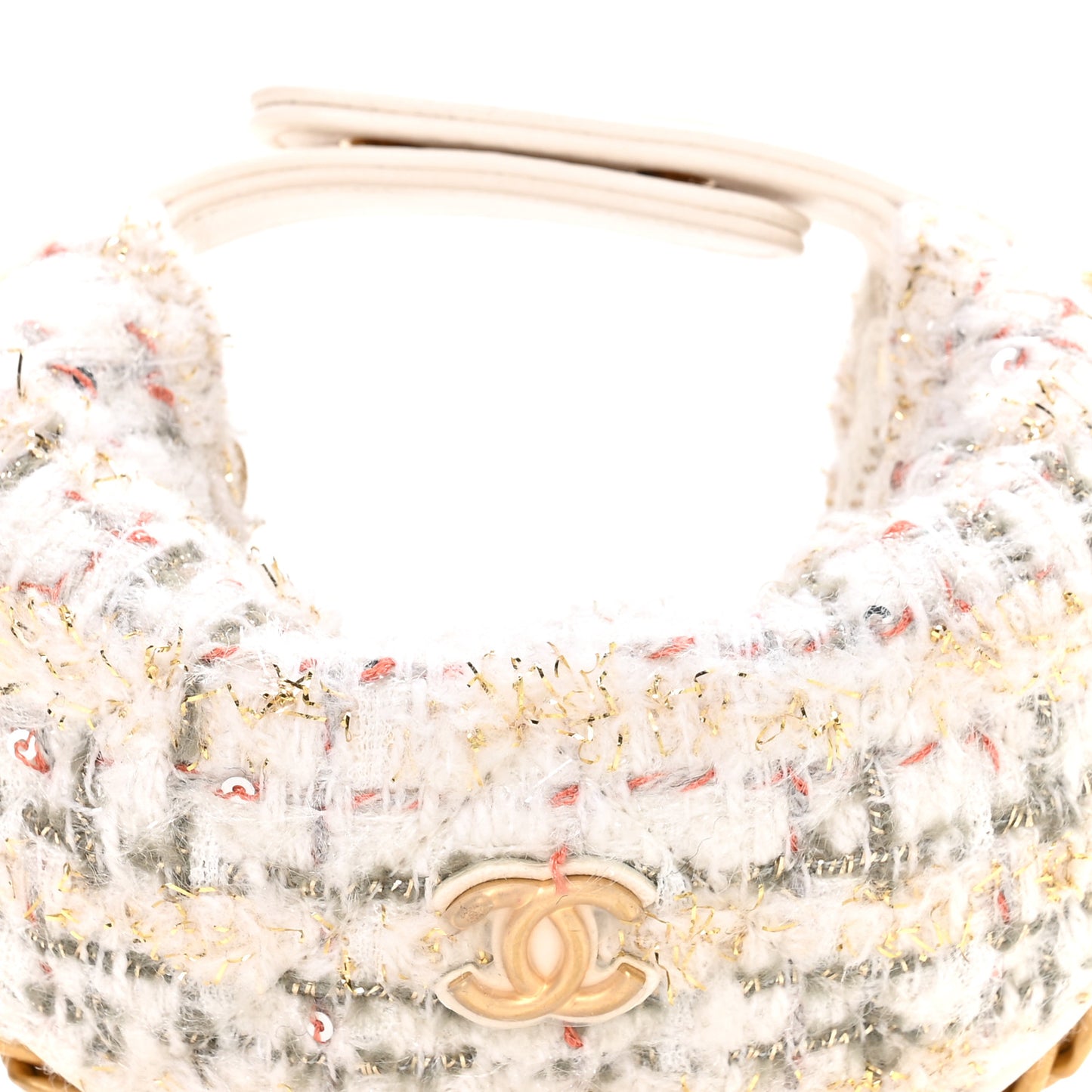 Wool Tweed Quilted Chain Around Mini Pouch Ecru Khaki Gold Red