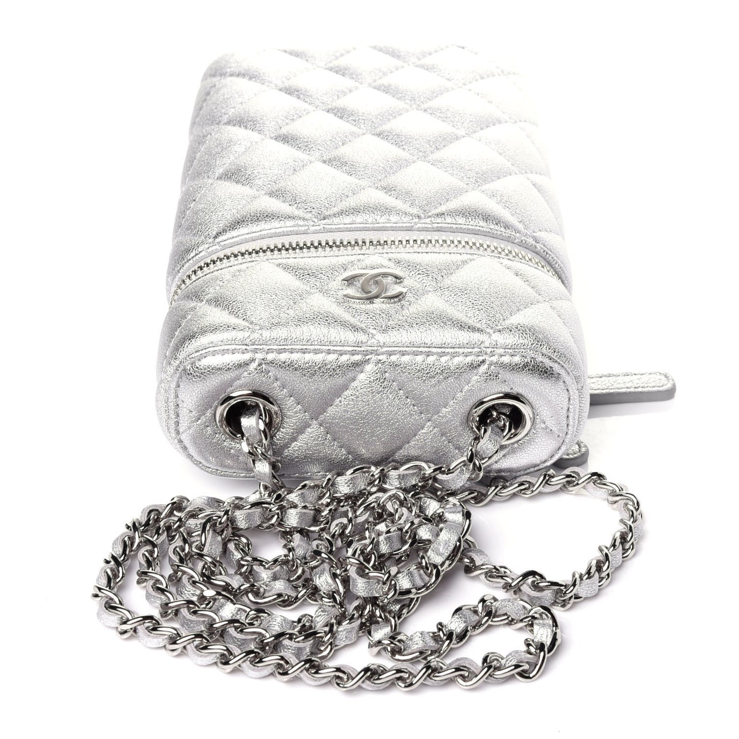 Metallic Lambskin Quilted Phone Holder With Chain Silver