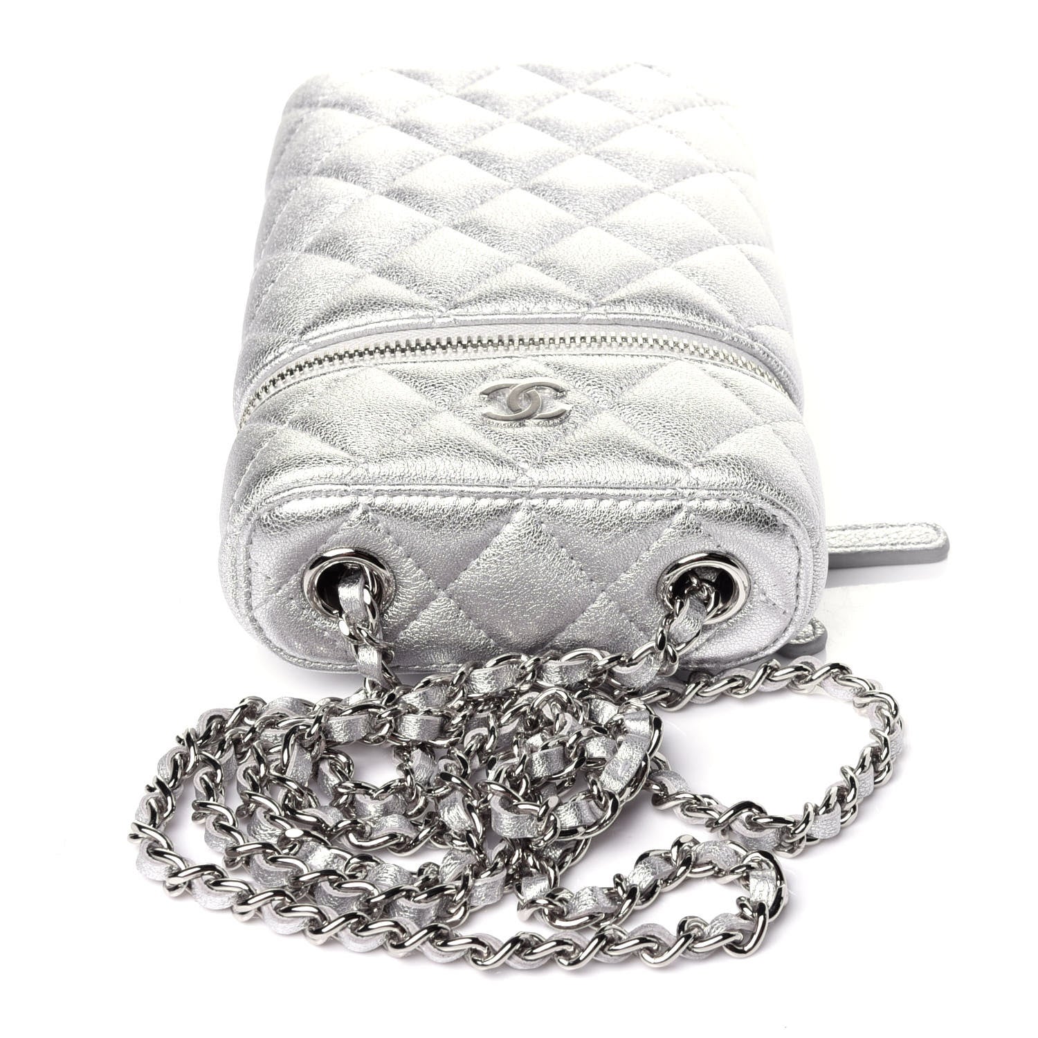 Chanel Metallic Lambskin Quilted Phone Holder With Chain Silver 10 of 12